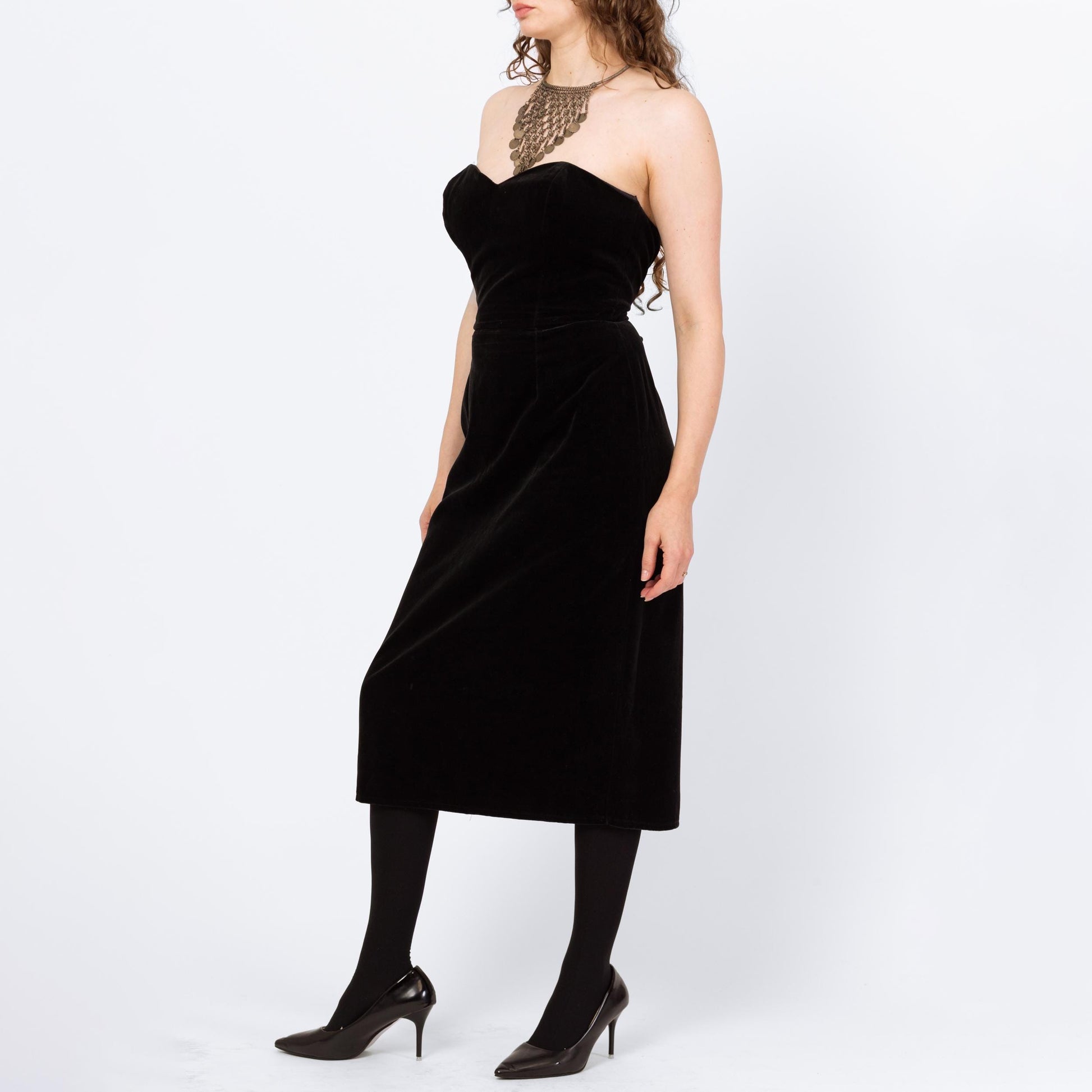 Vintage 80s Black Velvet Strapless Cocktail Dress - Medium | Minimalist Midi Sheath Party Dress