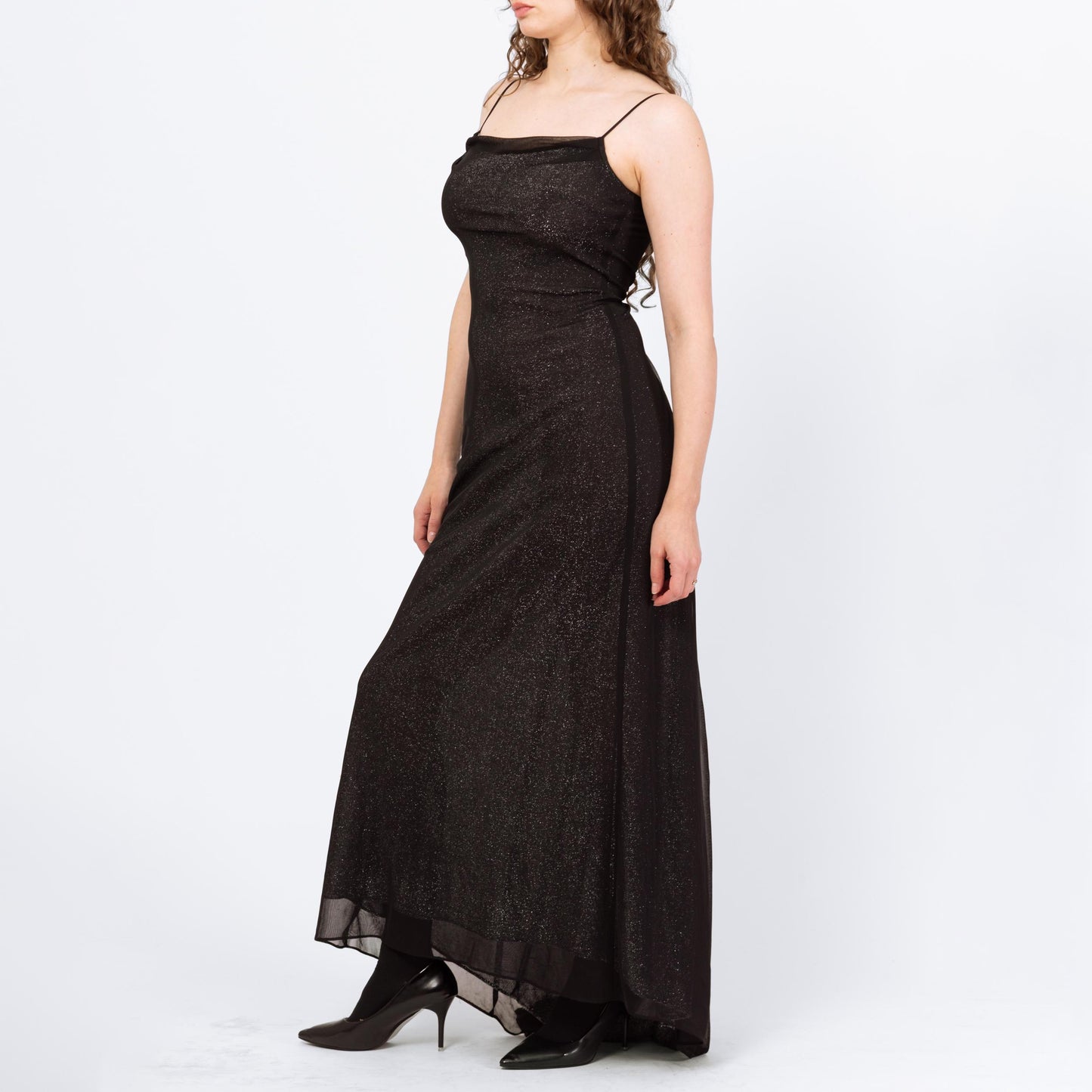 Vintage 90s Black & Silver Metallic Low Back Gown - Small | Zum Zum Niki Livas Keyhole A Line Formal Evening Maxi Dress With Train