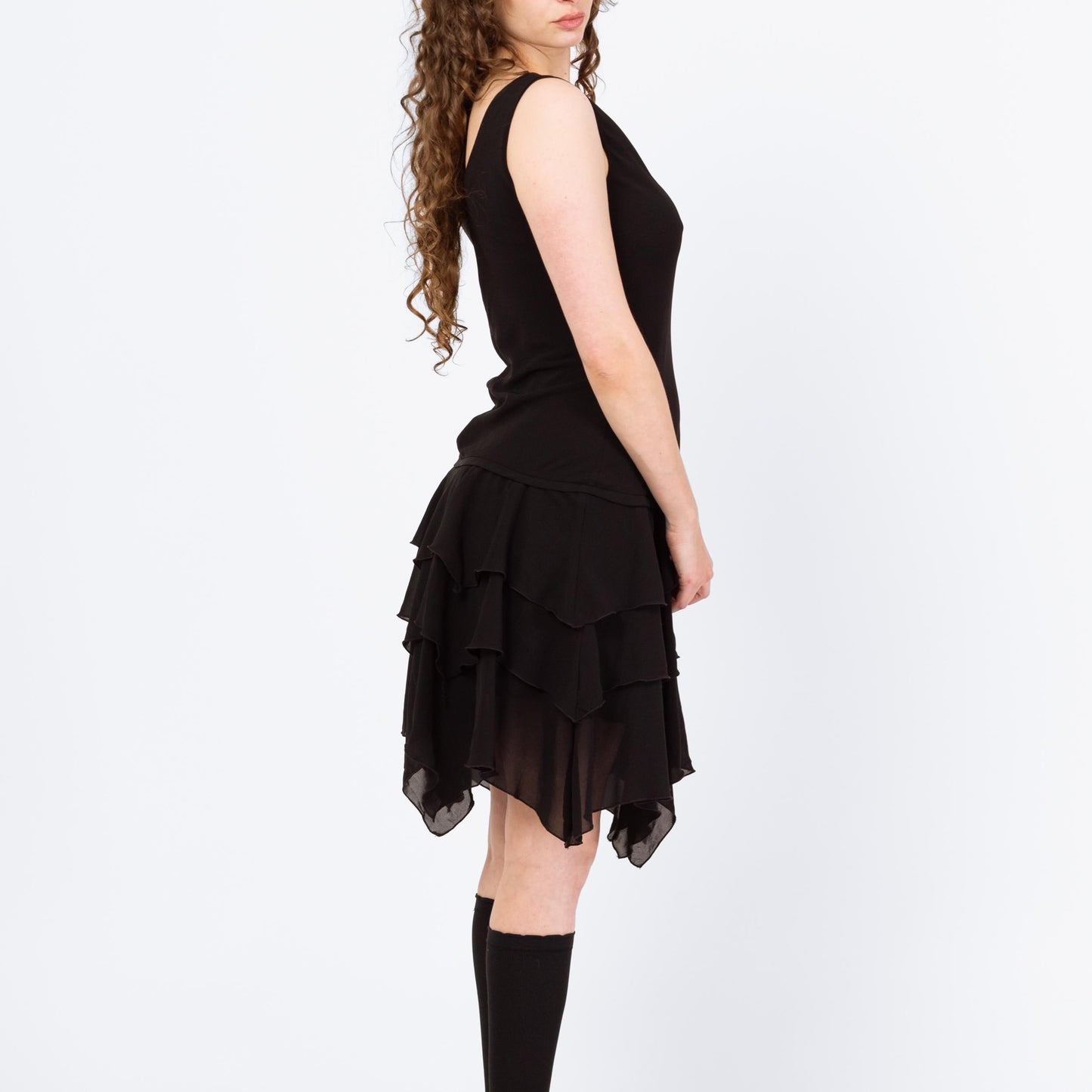 Vintage 90s Black Scarf Hem Fairy Goth Party Dress - Large | Whimsigoth Sleeveless Hanky Hem Knee Length Dress