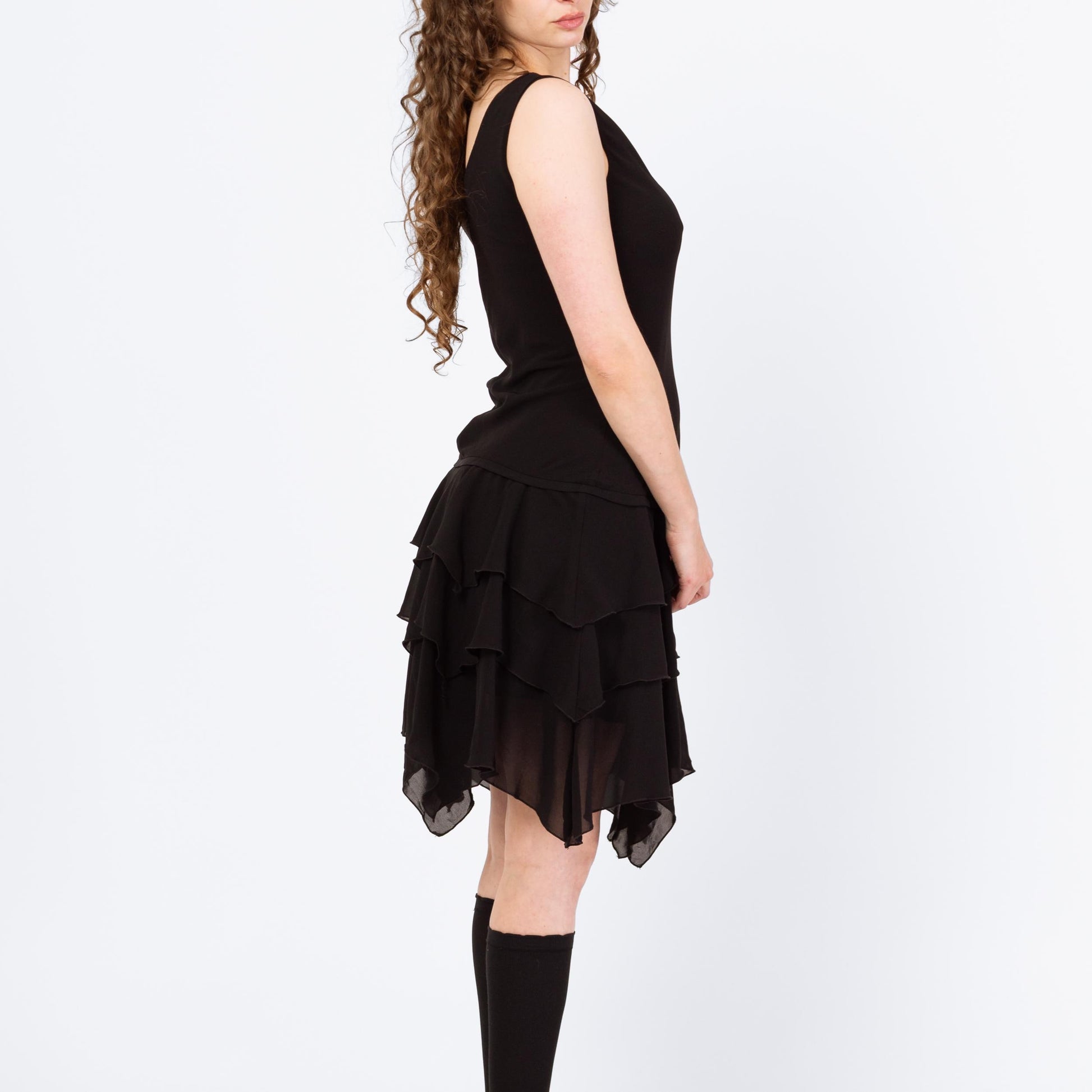 Vintage 90s Black Scarf Hem Fairy Goth Party Dress - Large | Whimsigoth Sleeveless Hanky Hem Knee Length Dress