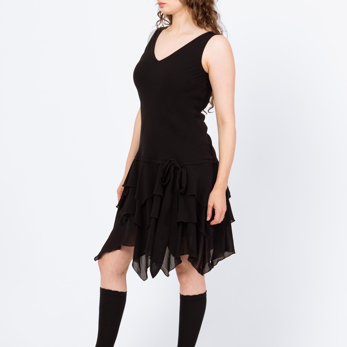 Vintage 90s Black Scarf Hem Fairy Goth Party Dress - Large | Whimsigoth Sleeveless Hanky Hem Knee Length Dress