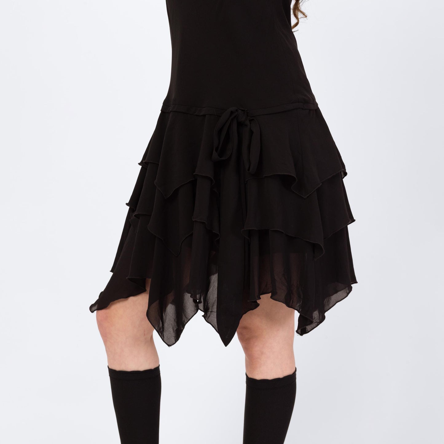 Vintage 90s Black Scarf Hem Fairy Goth Party Dress - Large | Whimsigoth Sleeveless Hanky Hem Knee Length Dress