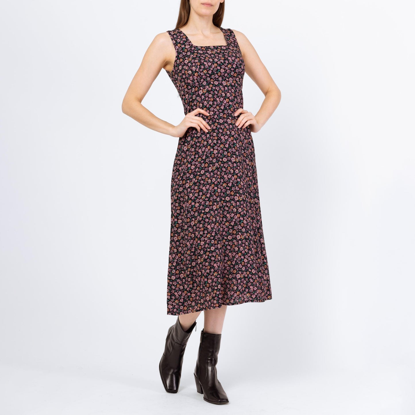 Vintage 90s Purple Ditsy Floral Babydoll Midi Dress - Small | Boho Square Neck Sleeveless Grunge Dress