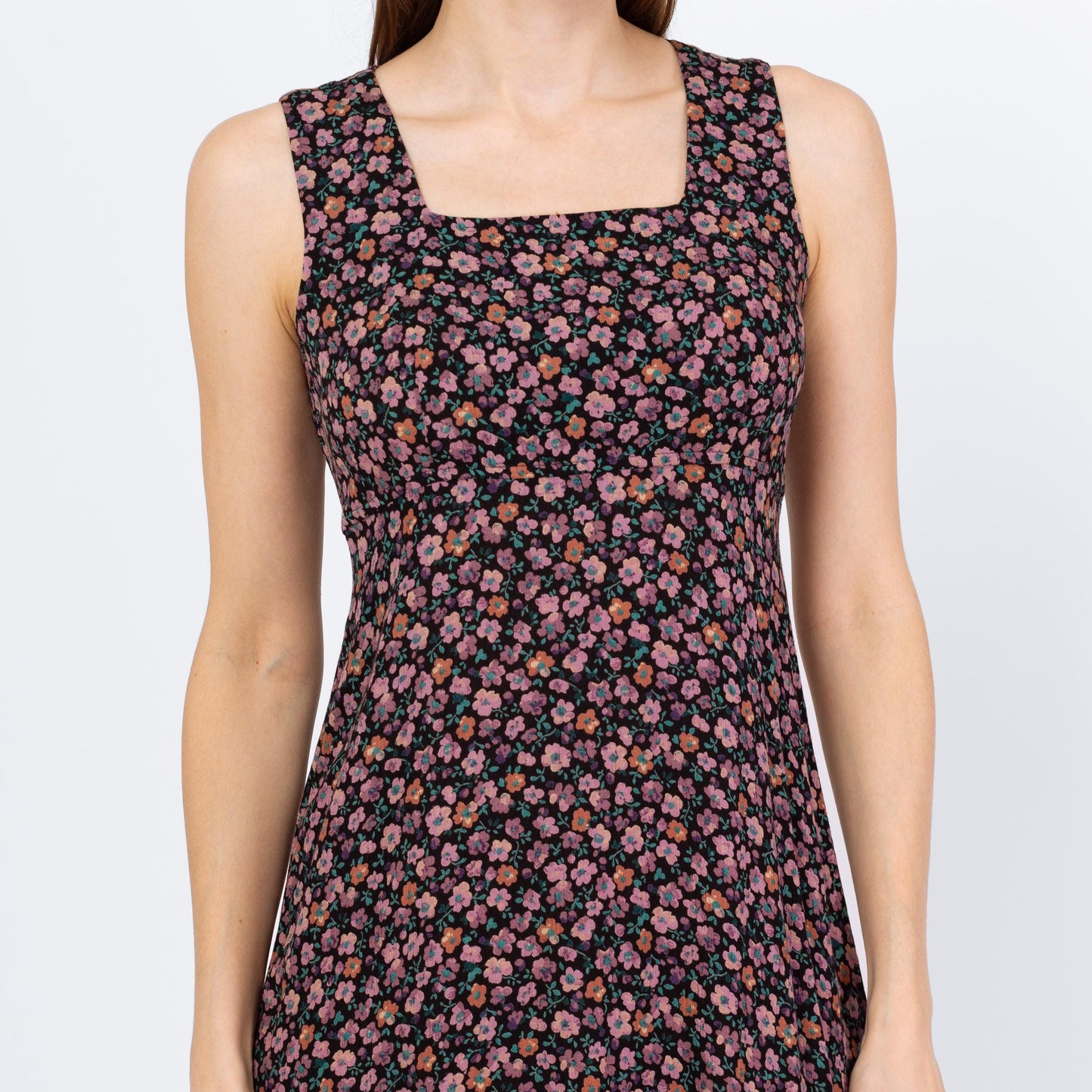 Vintage 90s Purple Ditsy Floral Babydoll Midi Dress - Small | Boho Square Neck Sleeveless Grunge Dress