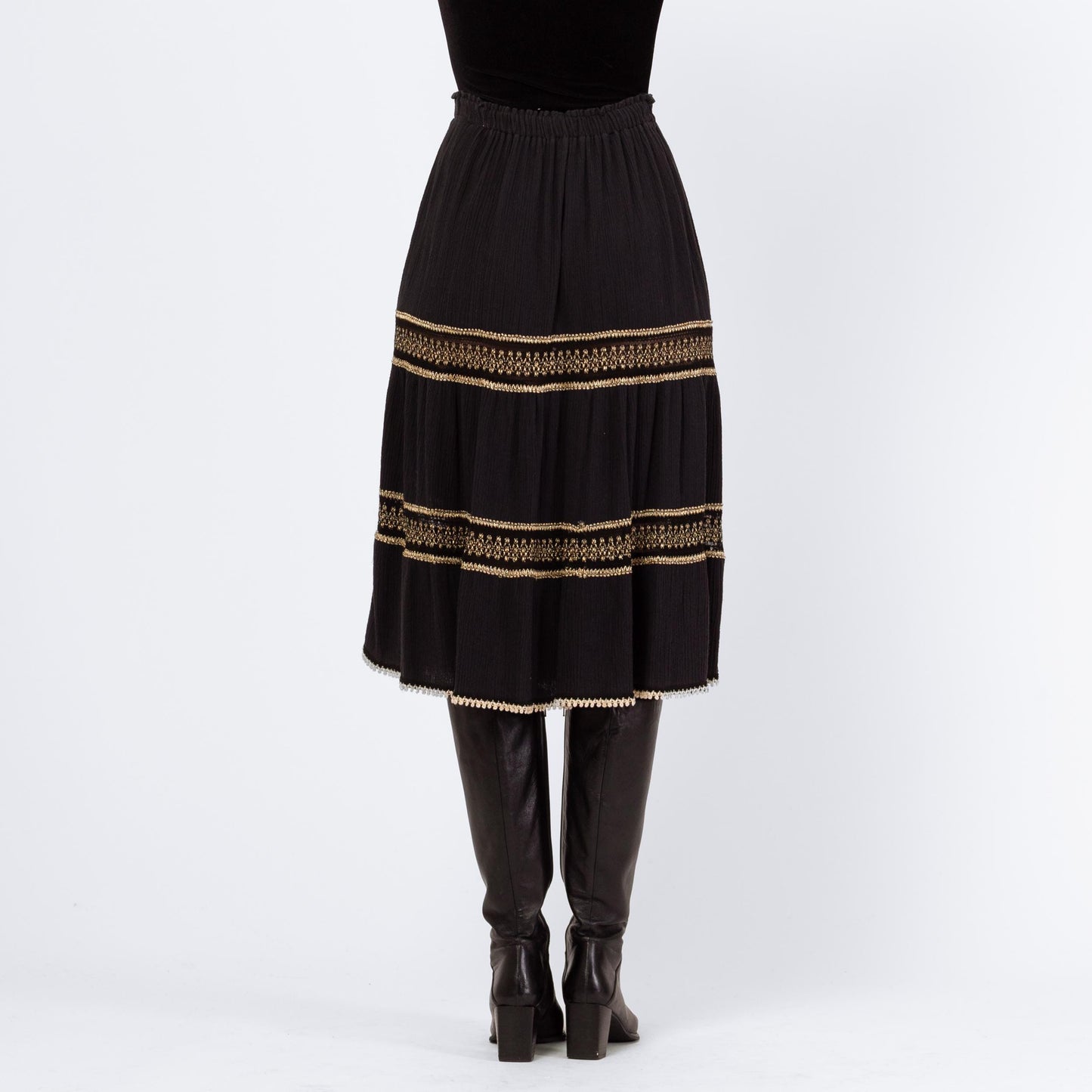 Vintage 90s Grecian Black & Gold Gauzy Skirt - XS to Large | Made In Greece Crinkle Boho Metallic Festival Midi Skirt