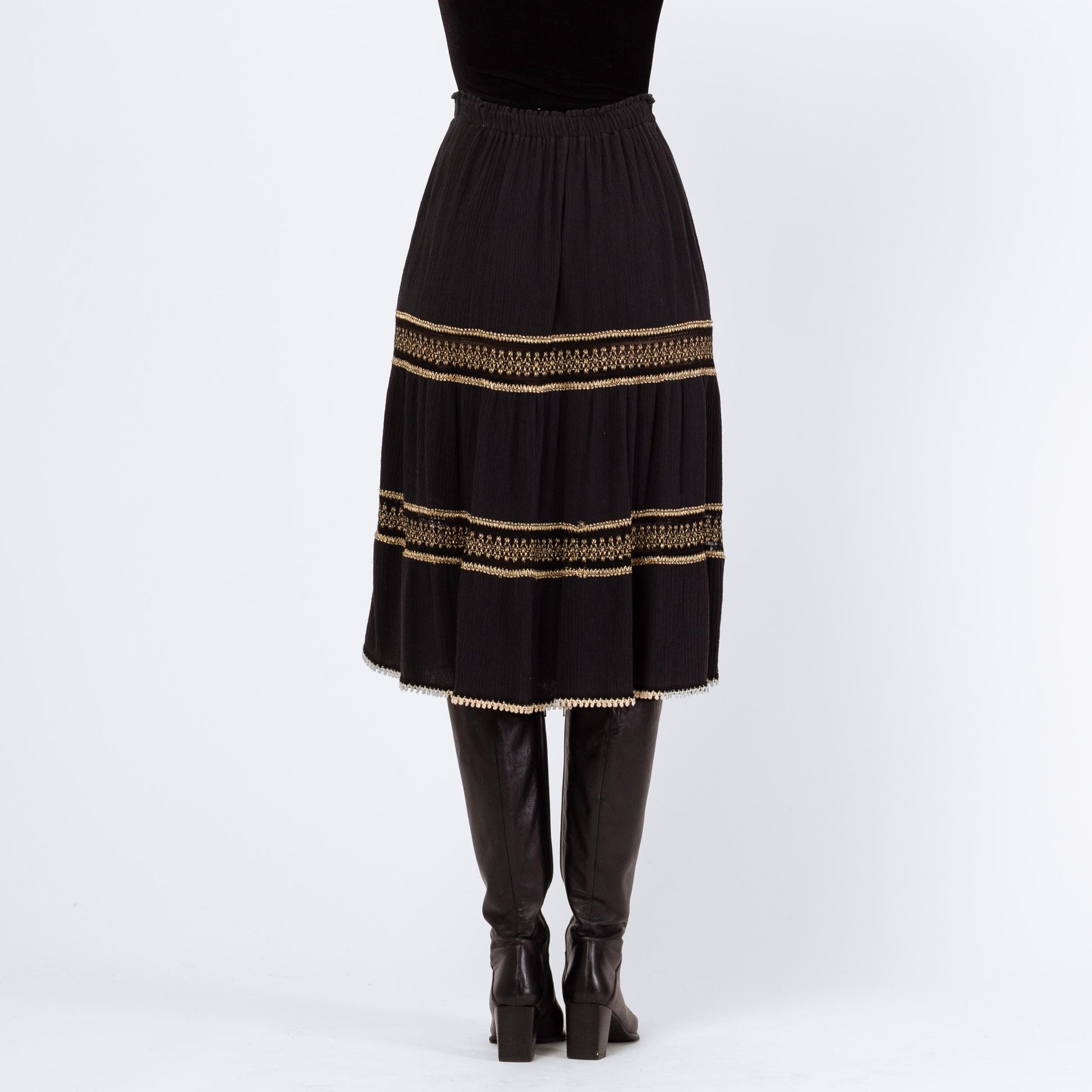 Vintage 90s Grecian Black & Gold Gauzy Skirt - XS to Large | Made In Greece Crinkle Boho Metallic Festival Midi Skirt