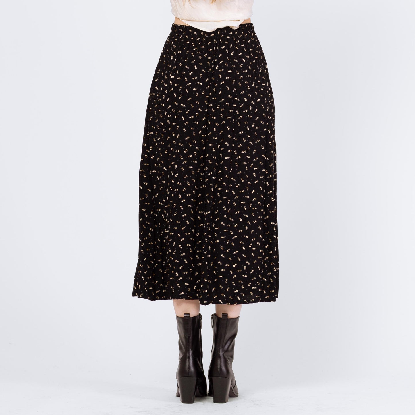 Vintage 90s Black Calico Floral Grunge Midi Skirt - Small to Medium | Boho High Waisted A Line Flowy Skirt