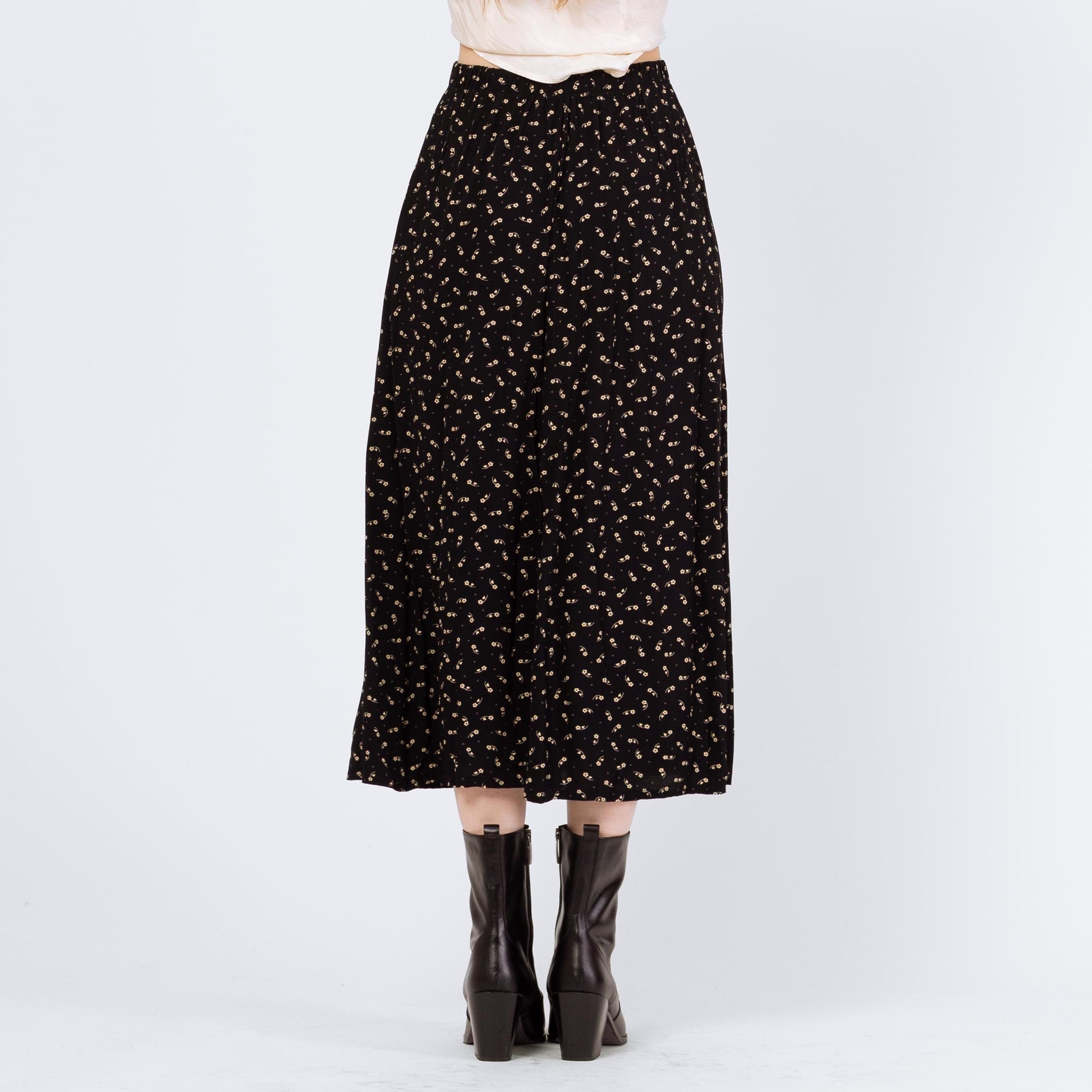 Vintage 90s Black Calico Floral Grunge Midi Skirt - Small to Medium | Boho High Waisted A Line Flowy Skirt