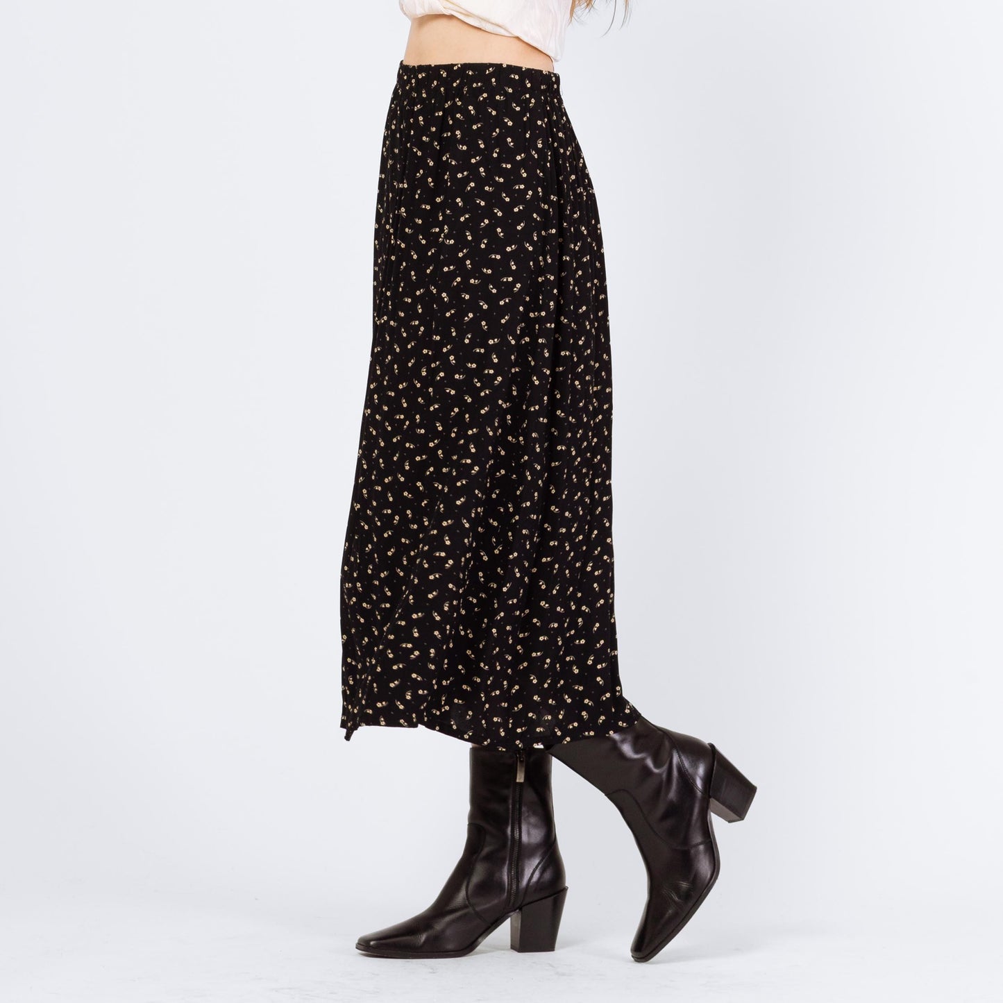 Vintage 90s Black Calico Floral Grunge Midi Skirt - Small to Medium | Boho High Waisted A Line Flowy Skirt