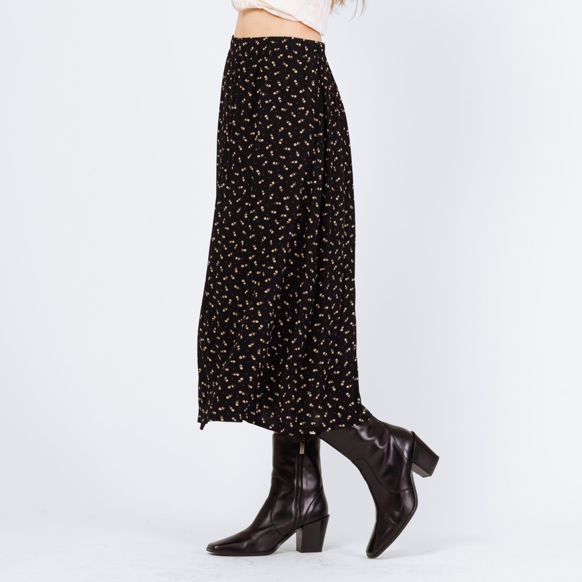 Vintage 90s Black Calico Floral Grunge Midi Skirt - Small to Medium | Boho High Waisted A Line Flowy Skirt