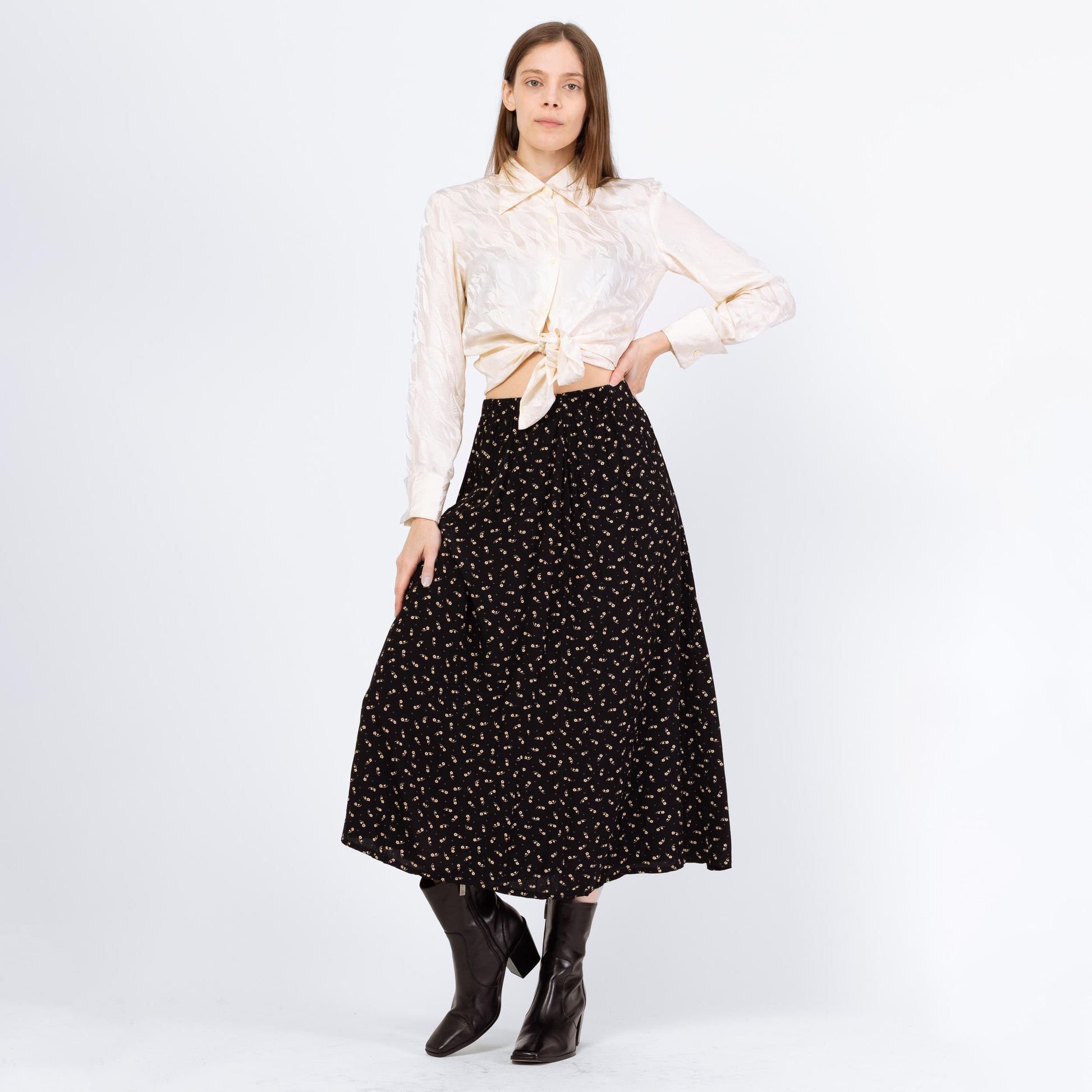 Vintage 90s Black Calico Floral Grunge Midi Skirt - Small to Medium | Boho High Waisted A Line Flowy Skirt