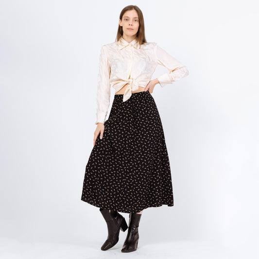 Vintage 90s Black Calico Floral Grunge Midi Skirt - Small to Medium | Boho High Waisted A Line Flowy Skirt