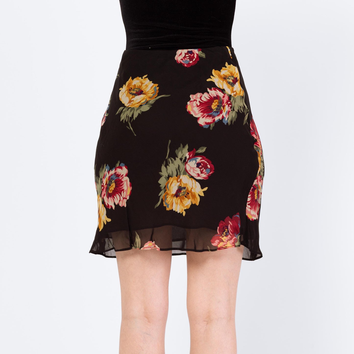 Vintage 90s Ralph Lauren Black Peony Floral Mini Skirt – Extra Small | Boho Bias Cut Pencil Skirt