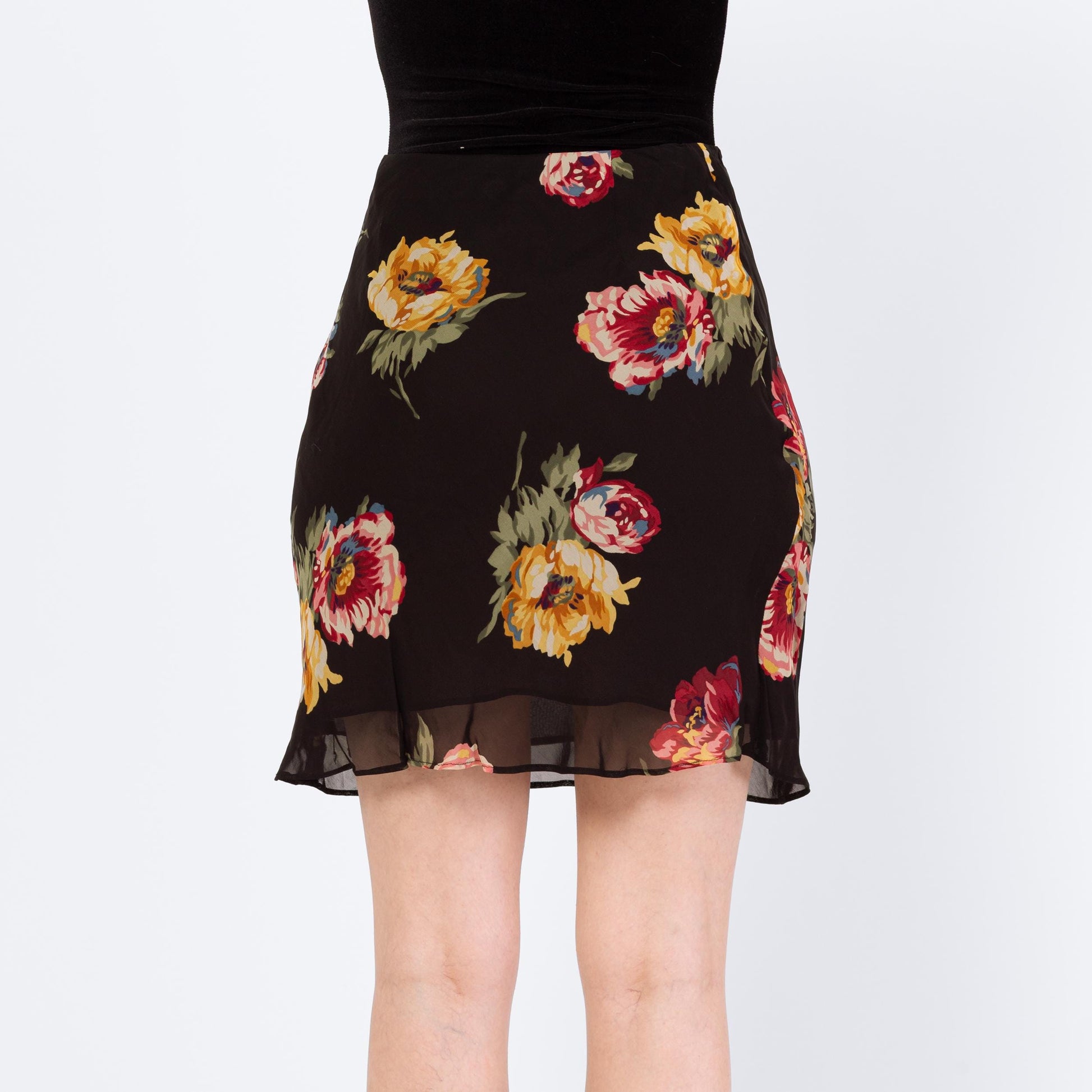 Vintage 90s Ralph Lauren Black Peony Floral Mini Skirt – Extra Small | Boho Bias Cut Pencil Skirt