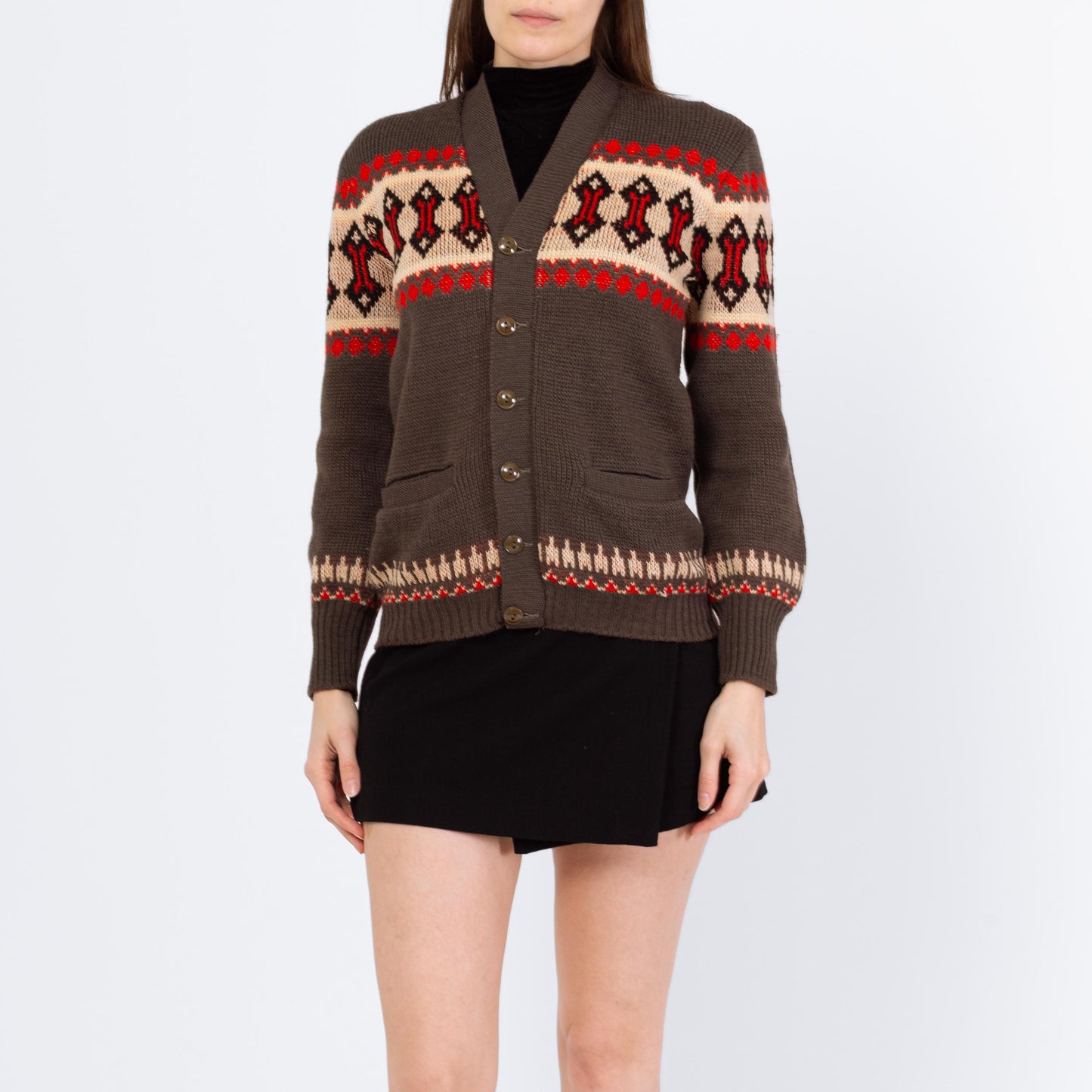 Vintage 70s Southwestern Knit V Neck Cardigan - Small | Geometric Striped Wool Button Up Sweater