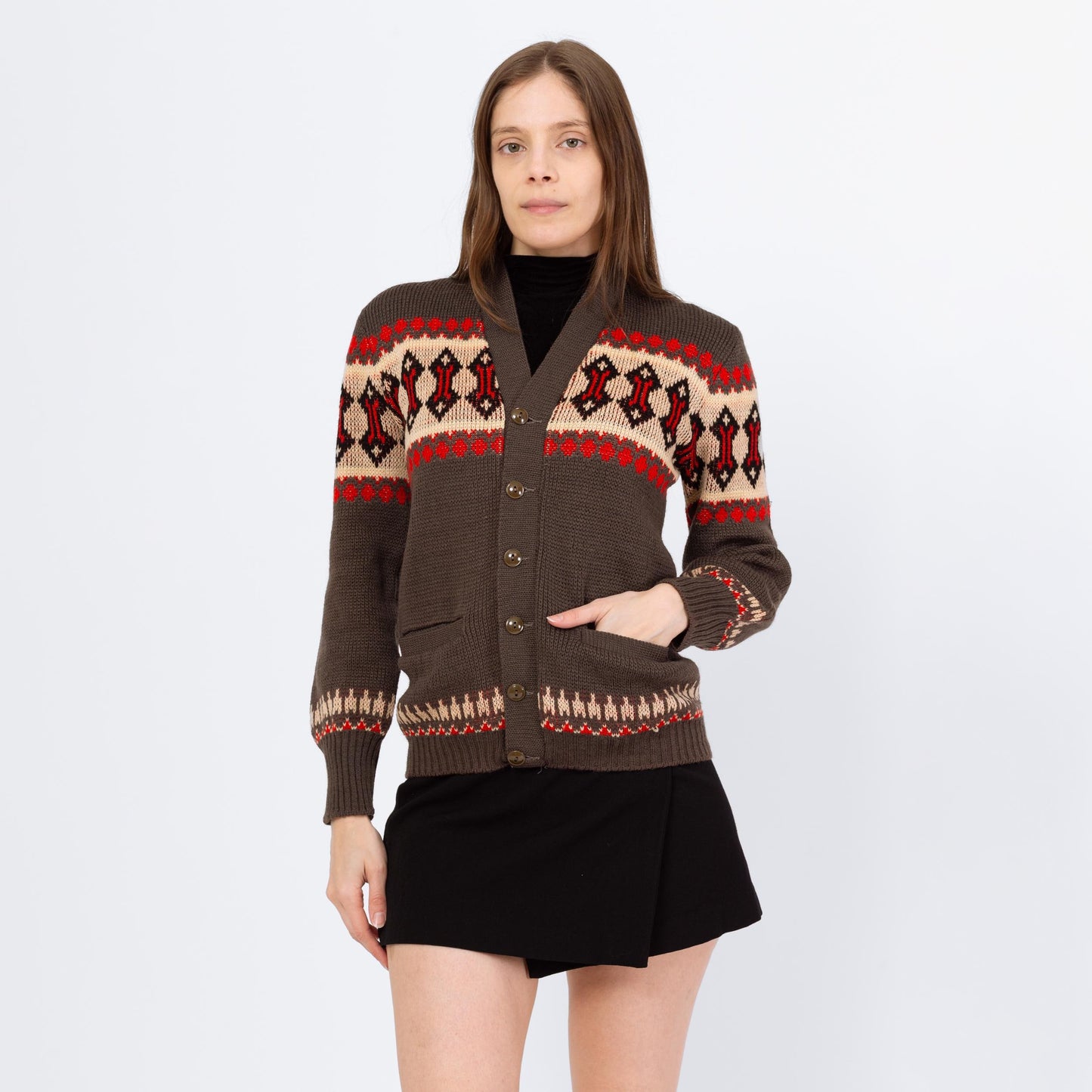 Vintage 70s Southwestern Knit V Neck Cardigan - Small | Geometric Striped Wool Button Up Sweater