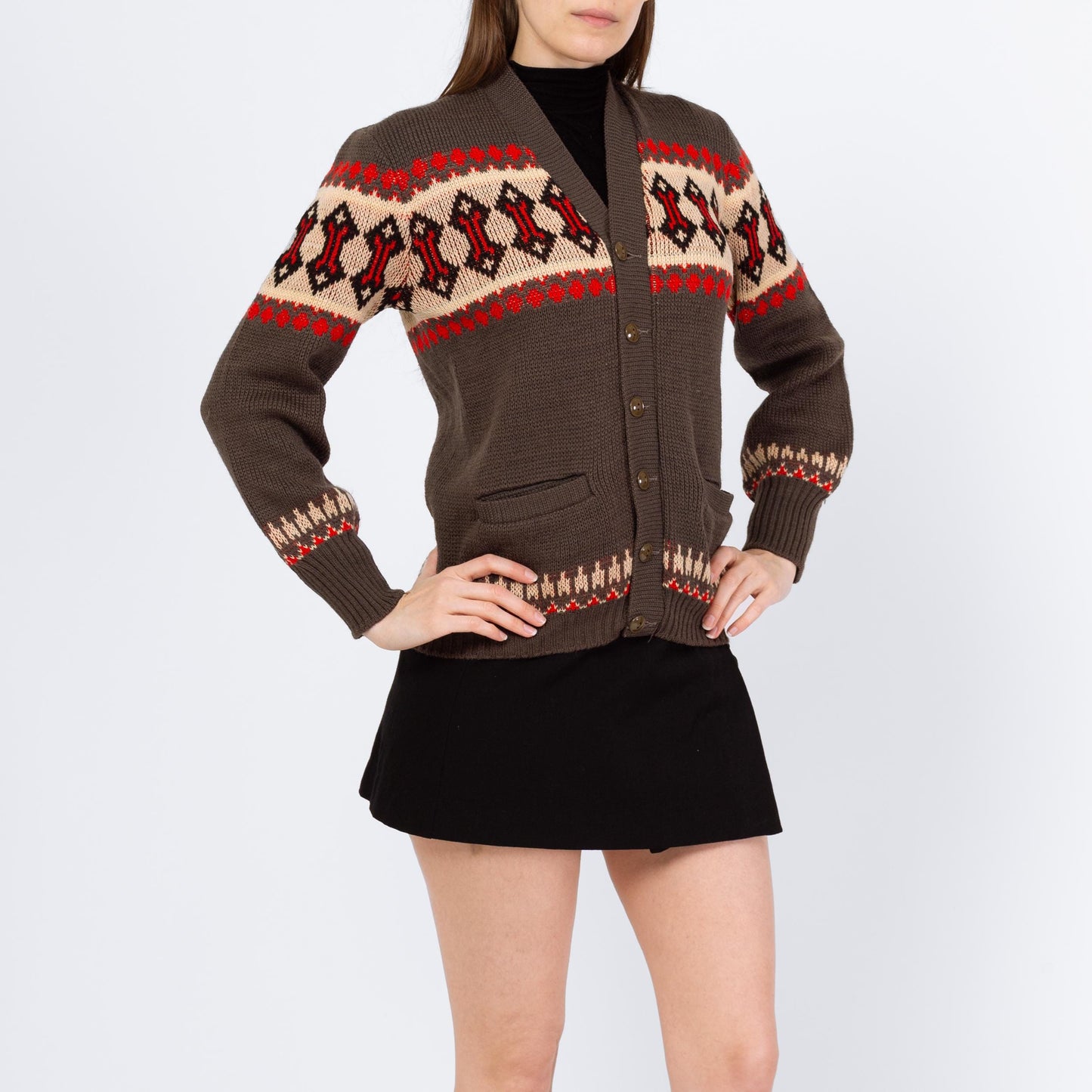 Vintage 70s Southwestern Knit V Neck Cardigan - Small | Geometric Striped Wool Button Up Sweater