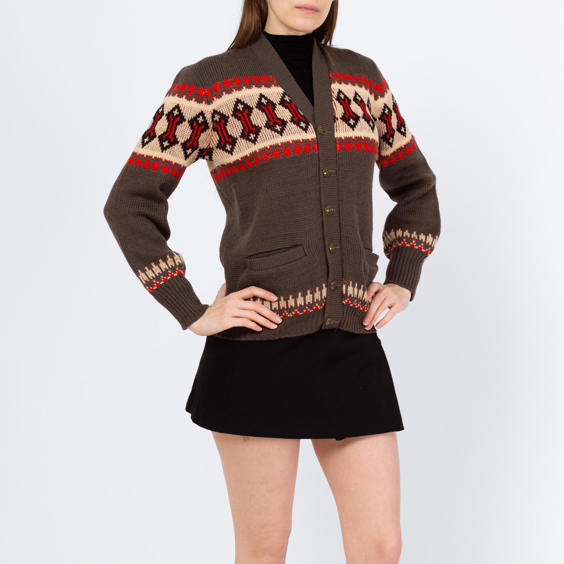 Vintage 70s Southwestern Knit V Neck Cardigan - Small | Geometric Striped Wool Button Up Sweater