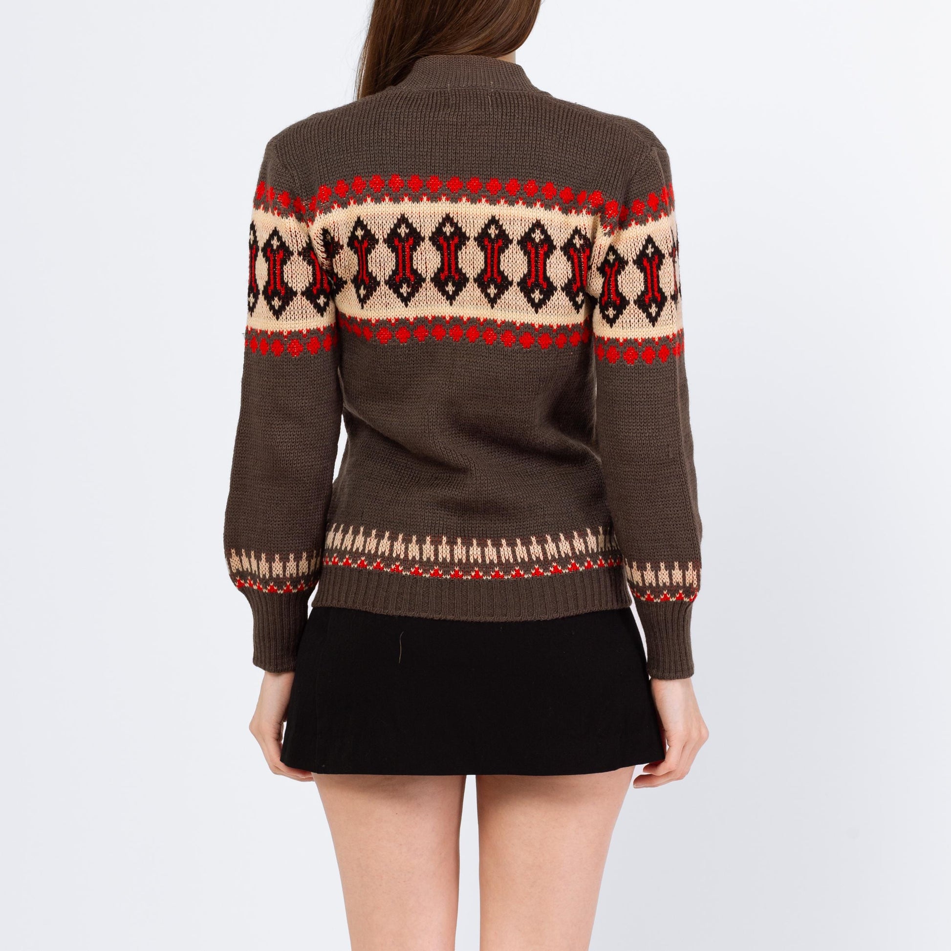 Vintage 70s Southwestern Knit V Neck Cardigan - Small | Geometric Striped Wool Button Up Sweater