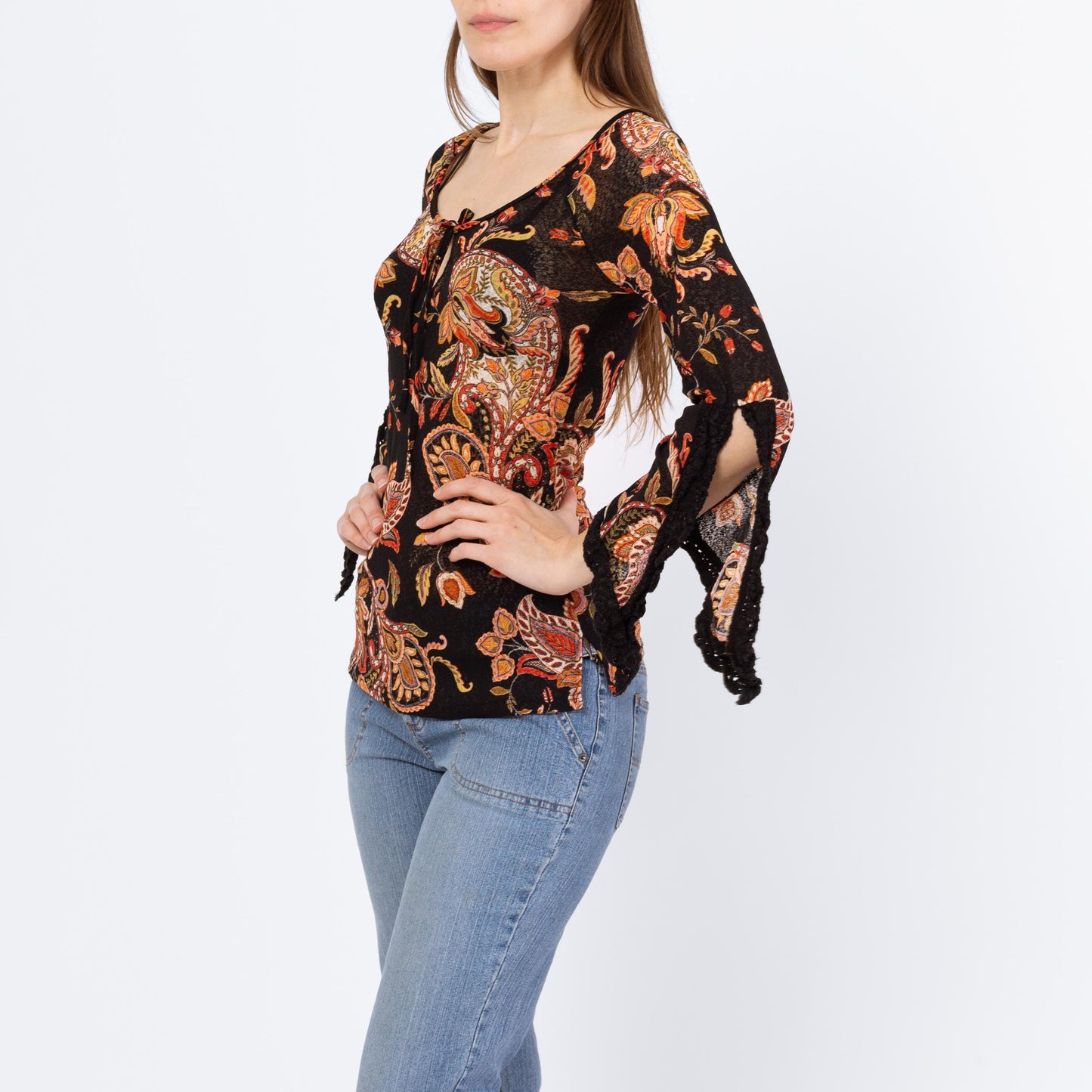 Vintage Y2K Sheer Paisley Floral Angel Sleeve Blouse - Extra Small | Boho Black Keyhole Neck Hippie Top
