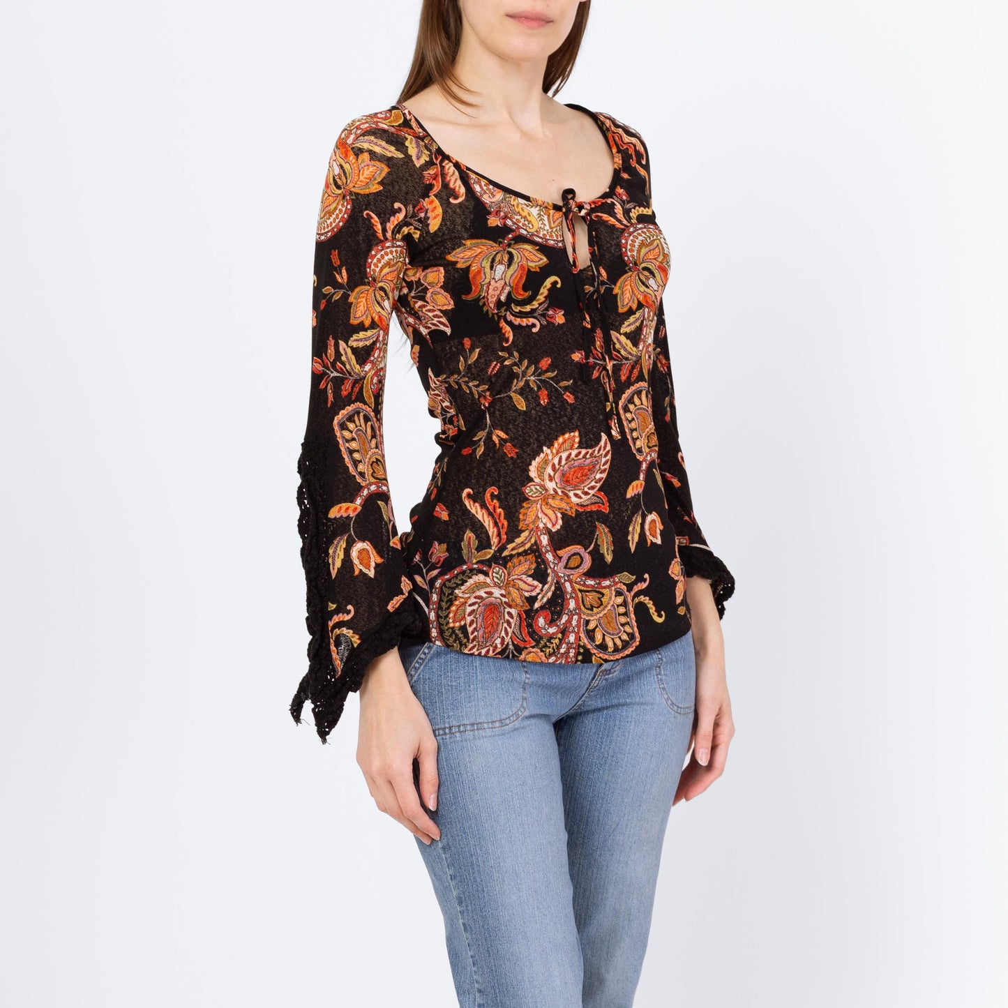 Vintage Y2K Sheer Paisley Floral Angel Sleeve Blouse - Extra Small | Boho Black Keyhole Neck Hippie Top