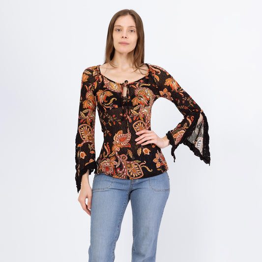 Vintage Y2K Sheer Paisley Floral Angel Sleeve Blouse - Extra Small | Boho Black Keyhole Neck Hippie Top
