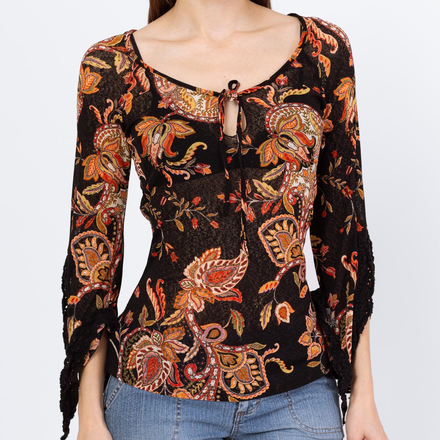Vintage Y2K Sheer Paisley Floral Angel Sleeve Blouse - Extra Small | Boho Black Keyhole Neck Hippie Top