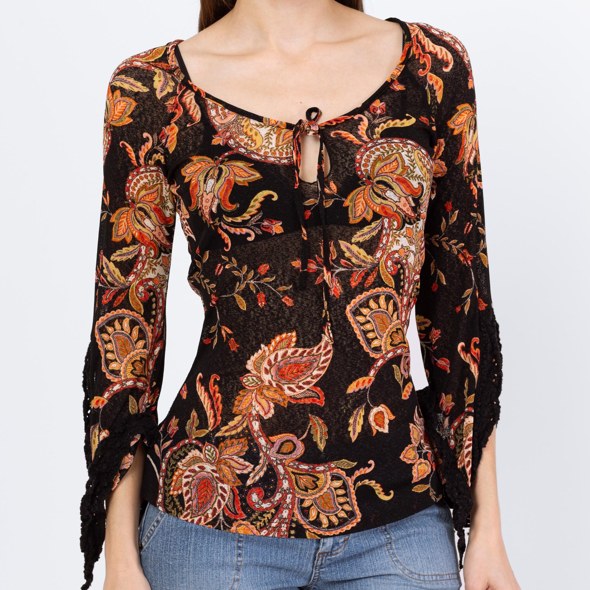 Vintage Y2K Sheer Paisley Floral Angel Sleeve Blouse - Extra Small | Boho Black Keyhole Neck Hippie Top