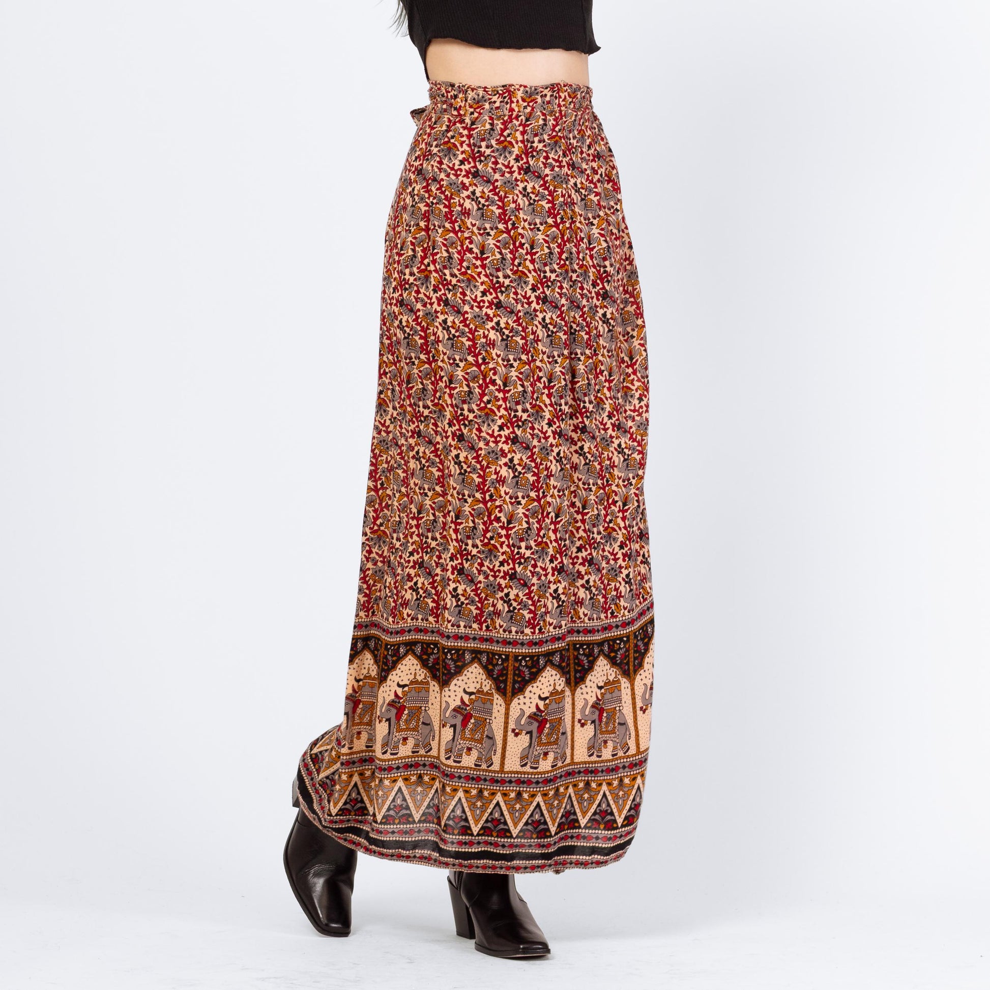 Vintage 90s Indian Block Print Maxi Wrap Skirt - XS to Medium | Boho Batik Elephant Print Rayon A Line Hippie Skirt