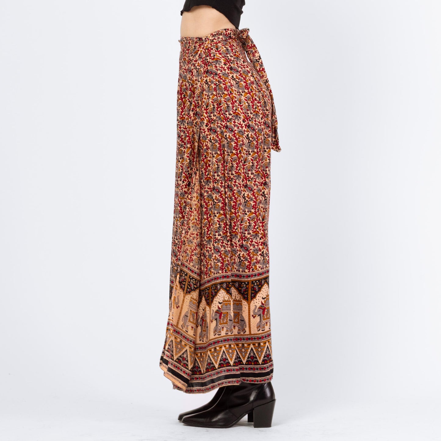 Vintage 90s Indian Block Print Maxi Wrap Skirt - XS to Medium | Boho Batik Elephant Print Rayon A Line Hippie Skirt