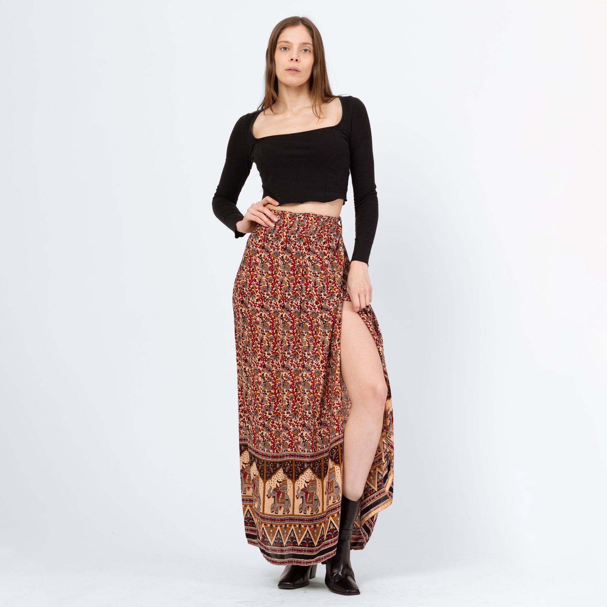 Vintage 90s Indian Block Print Maxi Wrap Skirt - XS to Medium | Boho Batik Elephant Print Rayon A Line Hippie Skirt