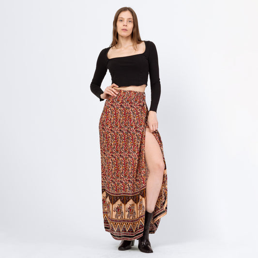 Vintage 90s Indian Block Print Maxi Wrap Skirt - XS to Medium | Boho Batik Elephant Print Rayon A Line Hippie Skirt
