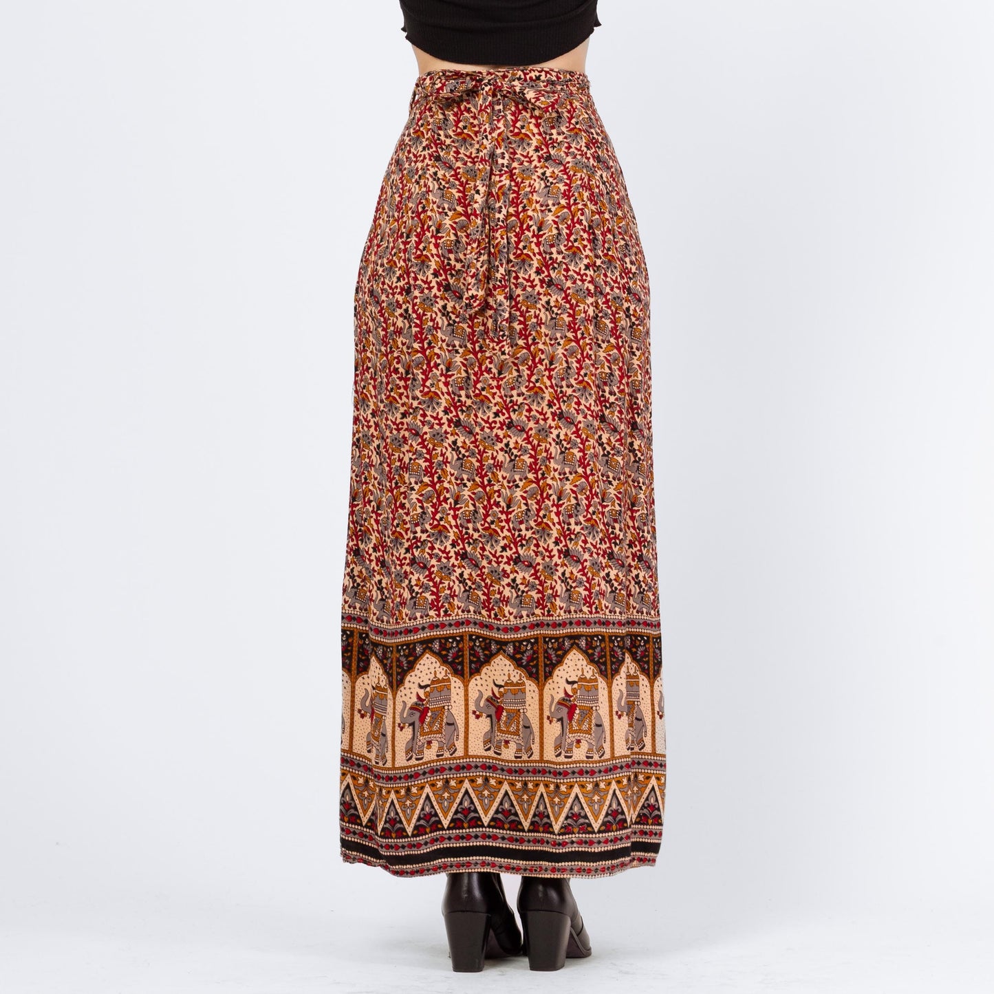 Vintage 90s Indian Block Print Maxi Wrap Skirt - XS to Medium | Boho Batik Elephant Print Rayon A Line Hippie Skirt