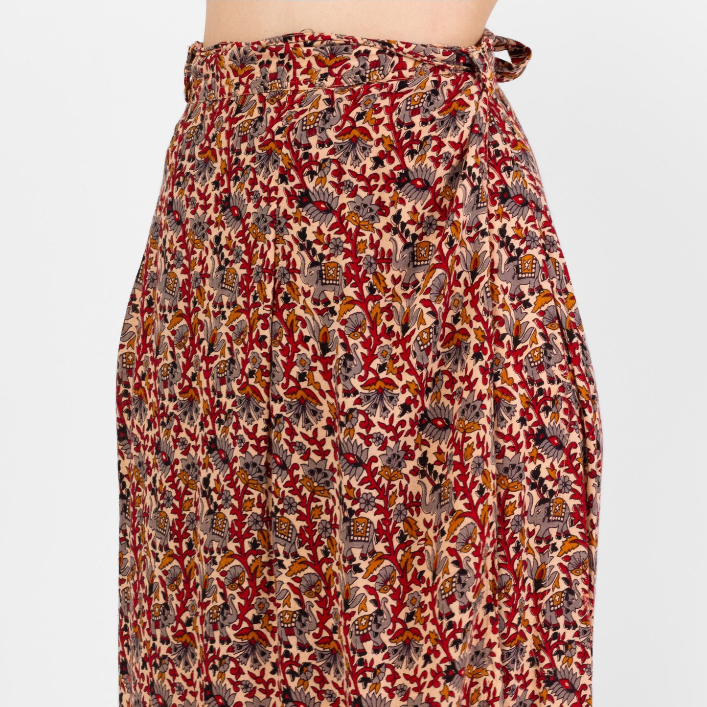 Vintage 90s Indian Block Print Maxi Wrap Skirt - XS to Medium | Boho Batik Elephant Print Rayon A Line Hippie Skirt