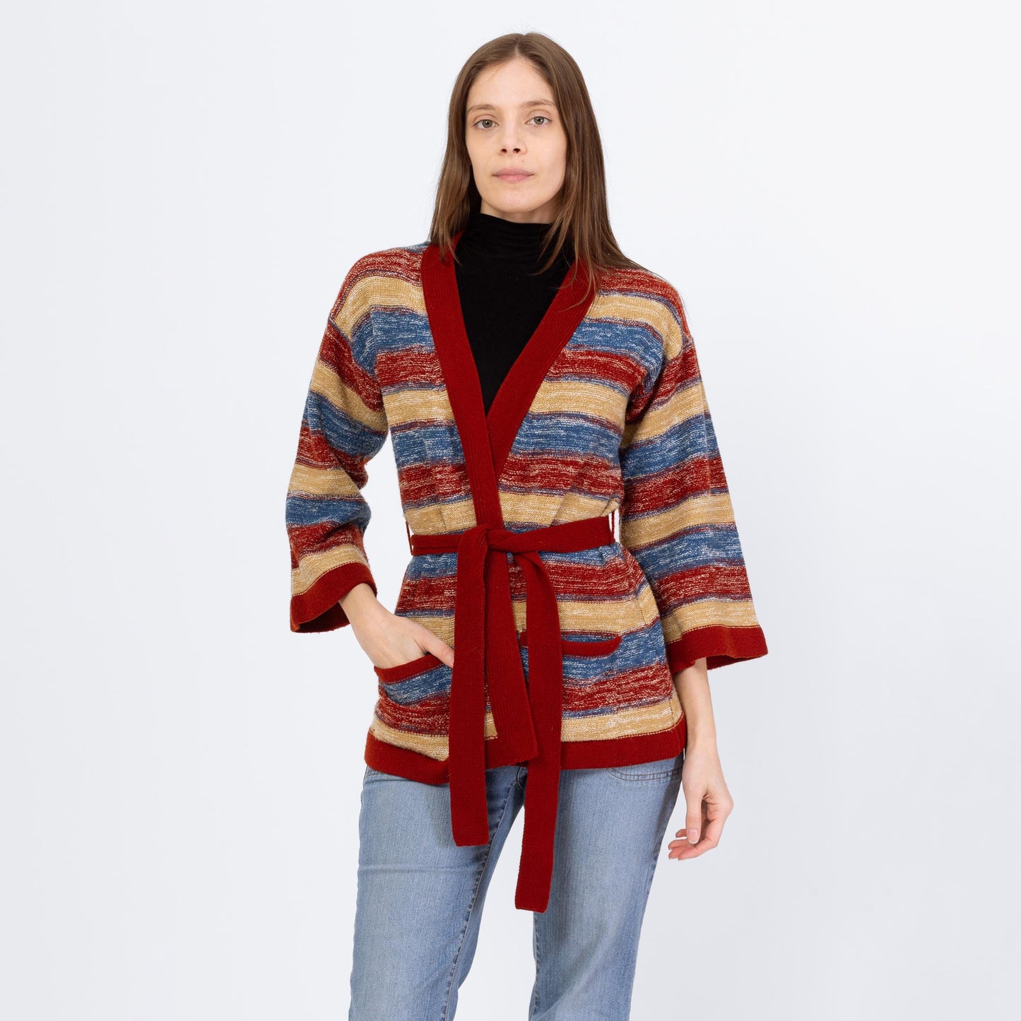 Vintage 70s Striped Space Dye Knit Belted Cardigan - Small | Boho Open Fit Striped 3/4 Bell Sleeve Hippie Wrap Sweater