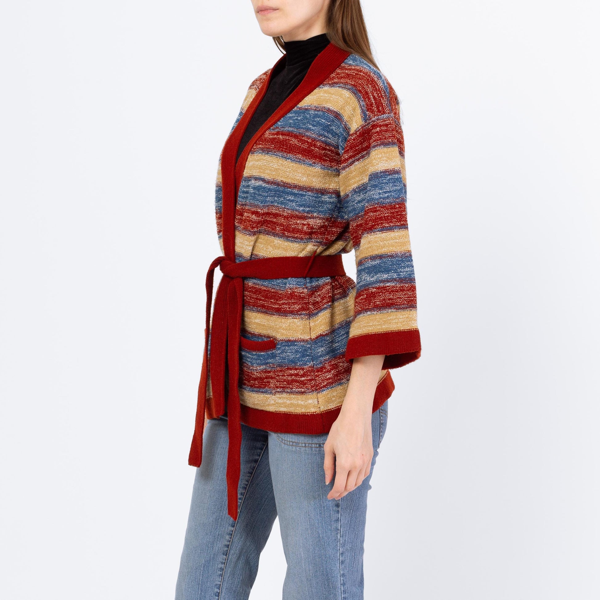 Vintage 70s Striped Space Dye Knit Belted Cardigan - Small | Boho Open Fit Striped 3/4 Bell Sleeve Hippie Wrap Sweater