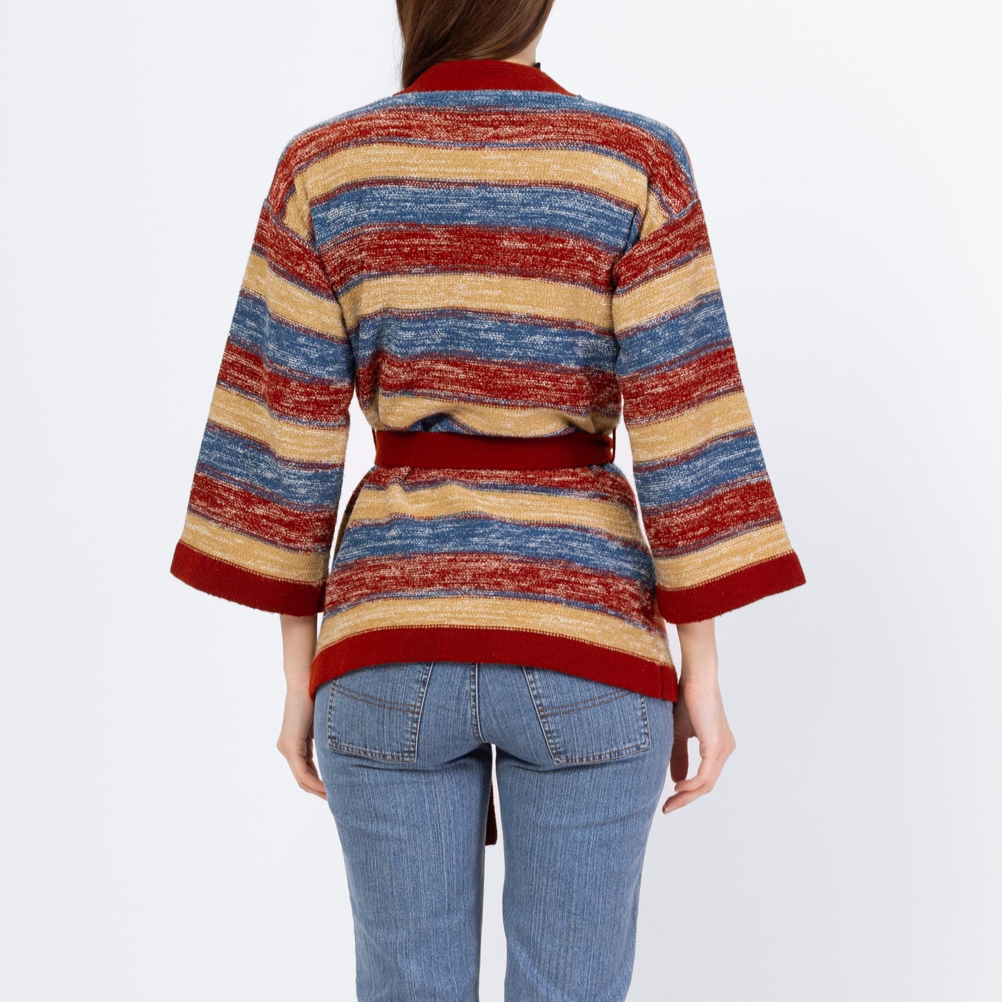 Vintage 70s Striped Space Dye Knit Belted Cardigan - Small | Boho Open Fit Striped 3/4 Bell Sleeve Hippie Wrap Sweater