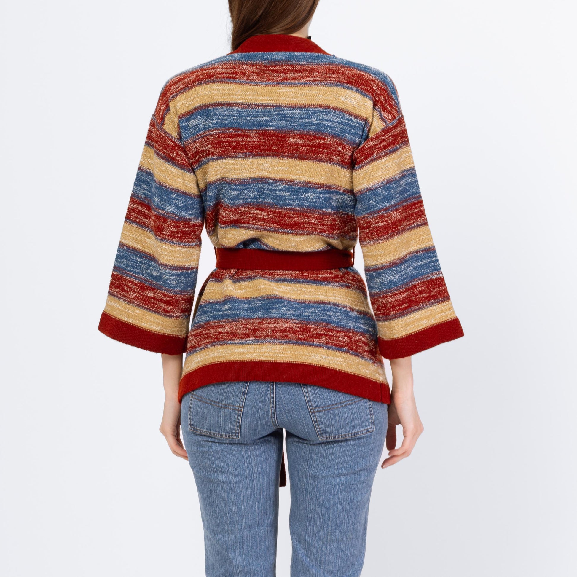 Vintage 70s Striped Space Dye Knit Belted Cardigan - Small | Boho Open Fit Striped 3/4 Bell Sleeve Hippie Wrap Sweater