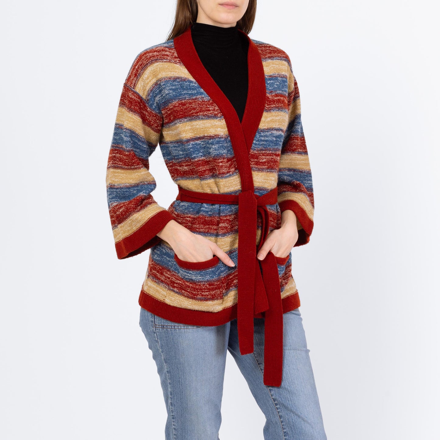 Vintage 70s Striped Space Dye Knit Belted Cardigan - Small | Boho Open Fit Striped 3/4 Bell Sleeve Hippie Wrap Sweater