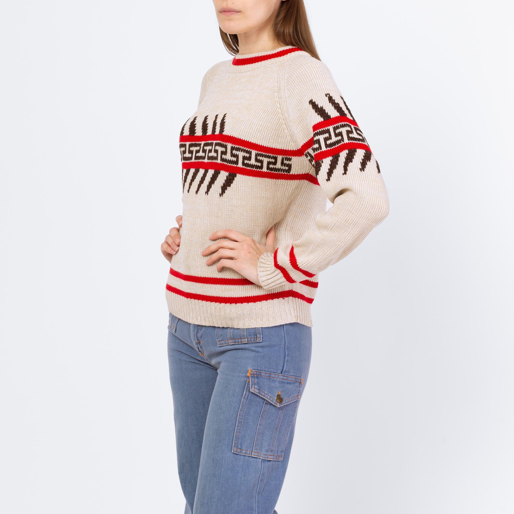Vintage 70s Southwestern Striped Sweater - Small to Medium | Unisex Soft Cream Knit Winter Pullover Sweater
