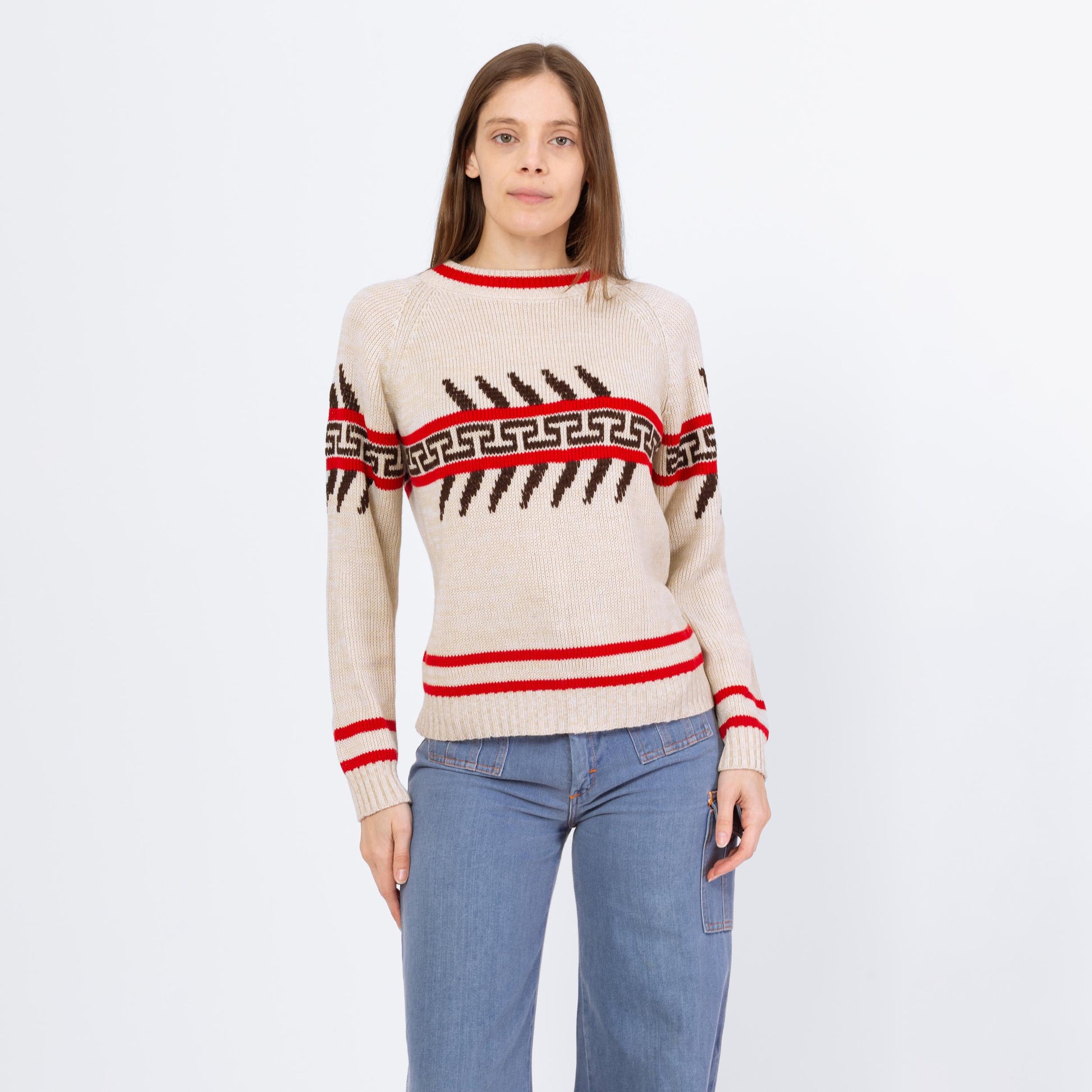 Vintage 70s Southwestern Striped Sweater - Small to Medium | Unisex Soft Cream Knit Winter Pullover Sweater