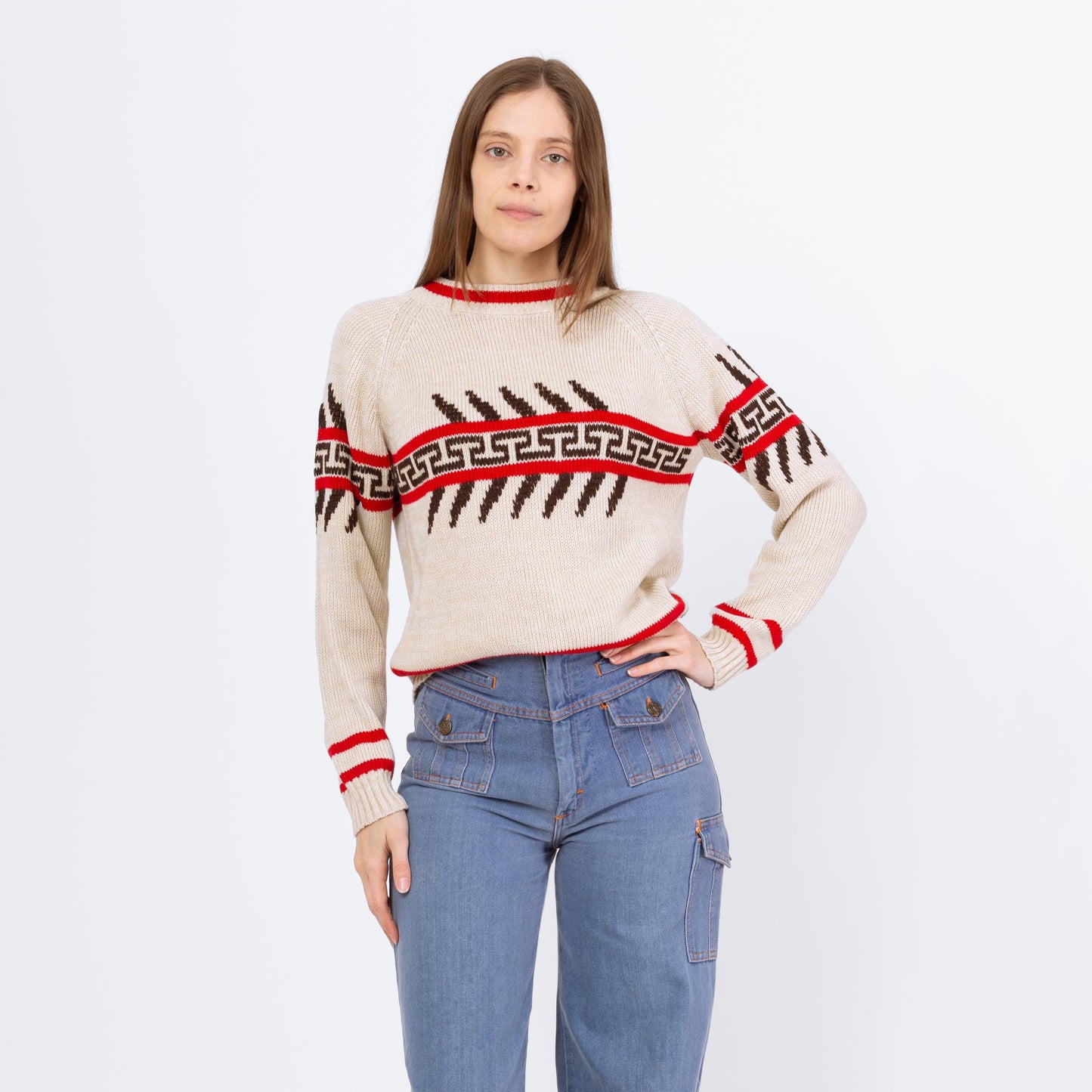 Vintage 70s Southwestern Striped Sweater - Small to Medium | Unisex Soft Cream Knit Winter Pullover Sweater