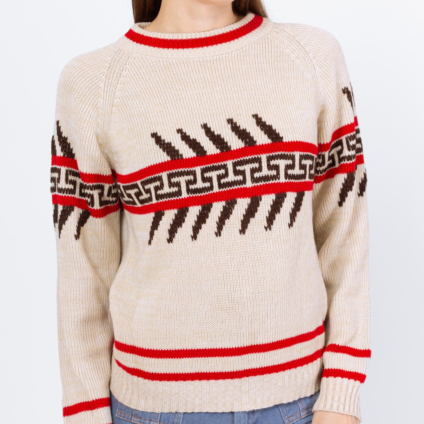 Vintage 70s Southwestern Striped Sweater - Small to Medium | Unisex Soft Cream Knit Winter Pullover Sweater