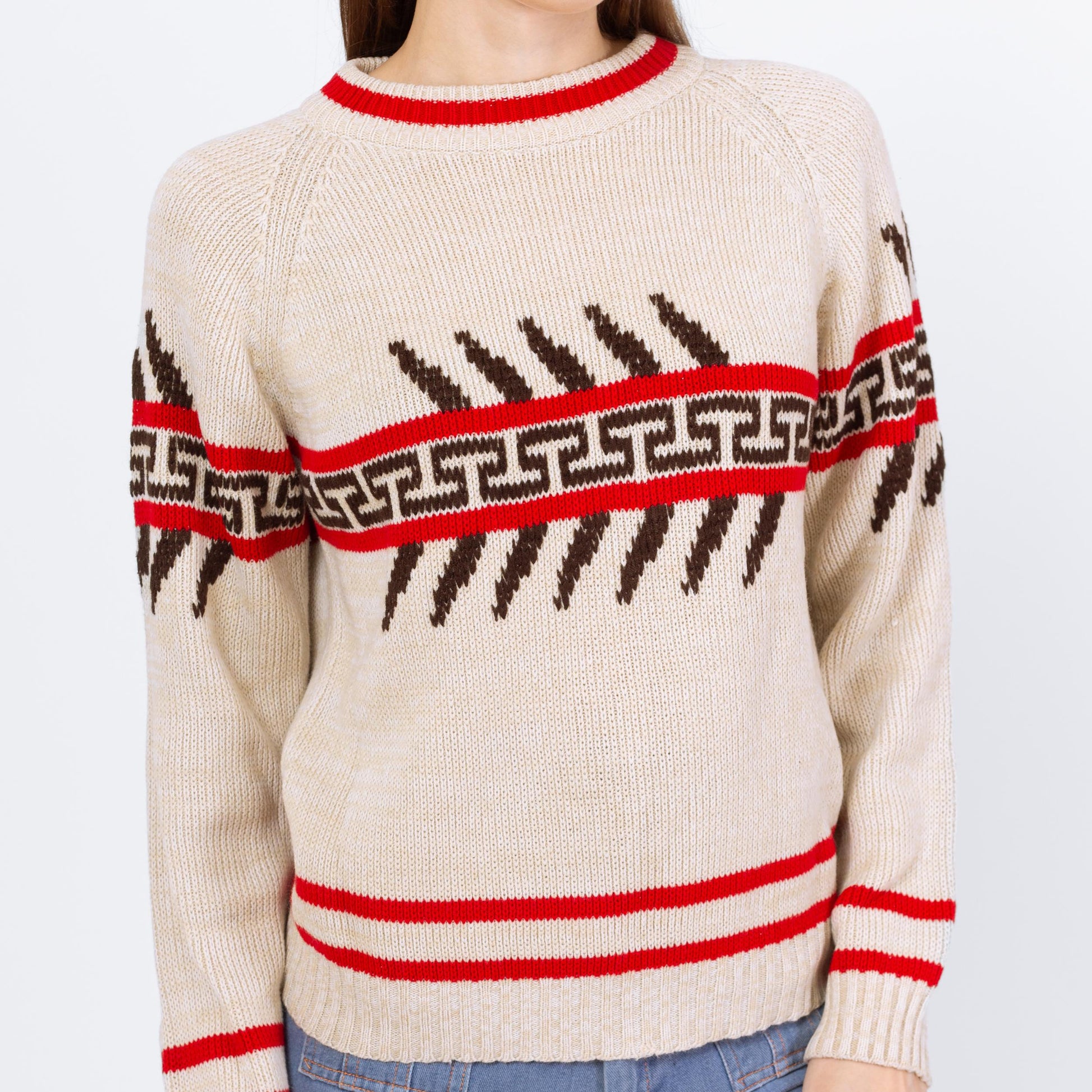 Vintage 70s Southwestern Striped Sweater - Small to Medium | Unisex Soft Cream Knit Winter Pullover Sweater
