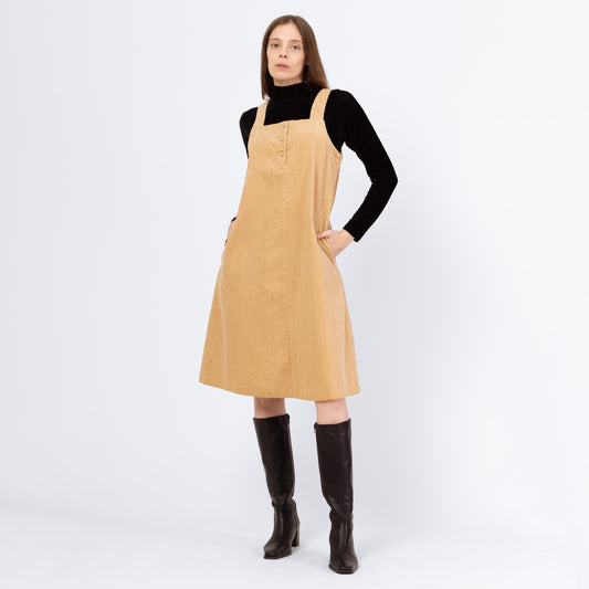 Vintage 70s Khaki Corduroy Pinafore Midi Dress - Small to Petite Medium | Boho Sleeveless Square Neck A Line Dress