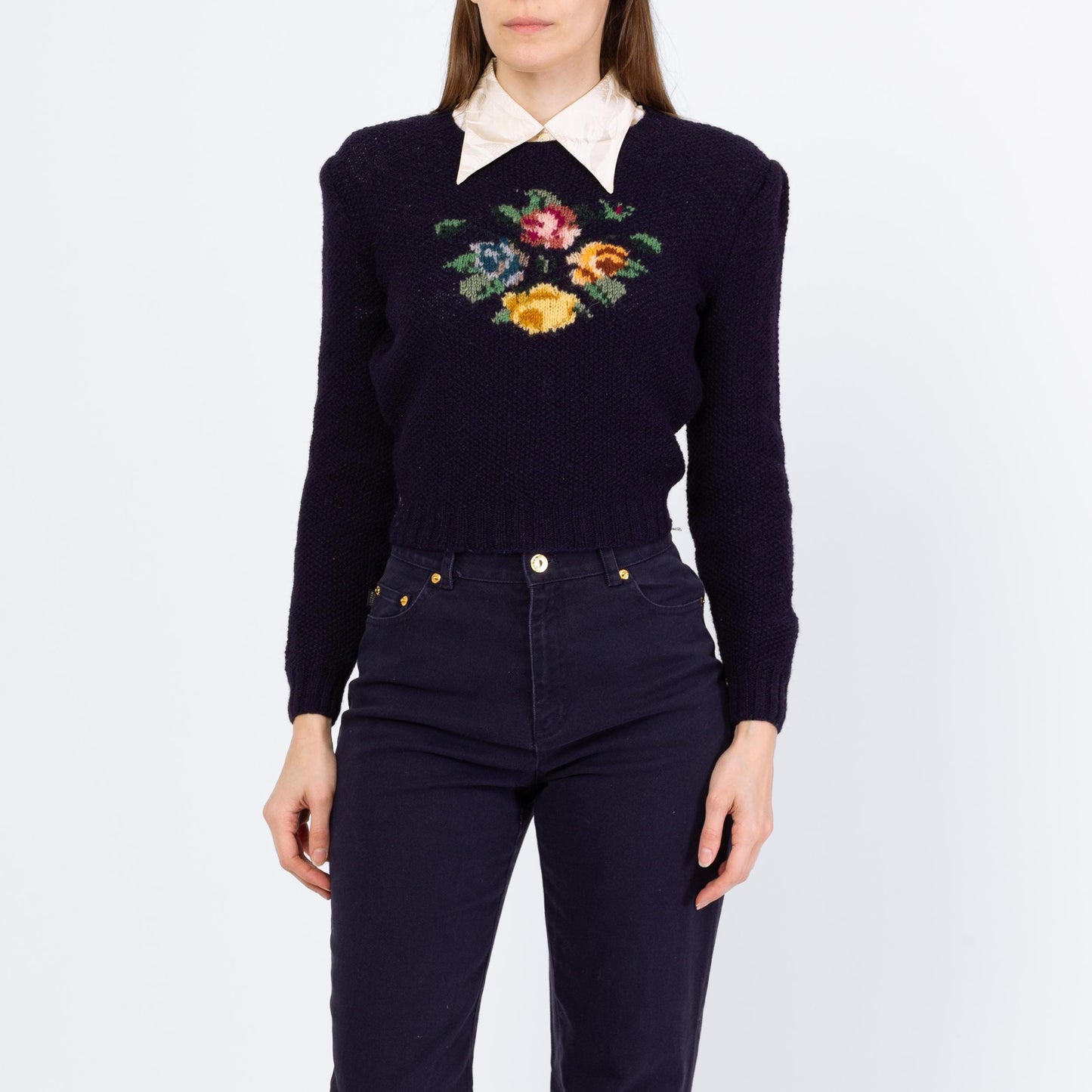 Vintage 80s Ralph Lauren Floral Needlepoint Sampler Cropped Sweater - Small to Medium | Preppy Navy Blue Wool Intarsia Hand-Knit Pullover