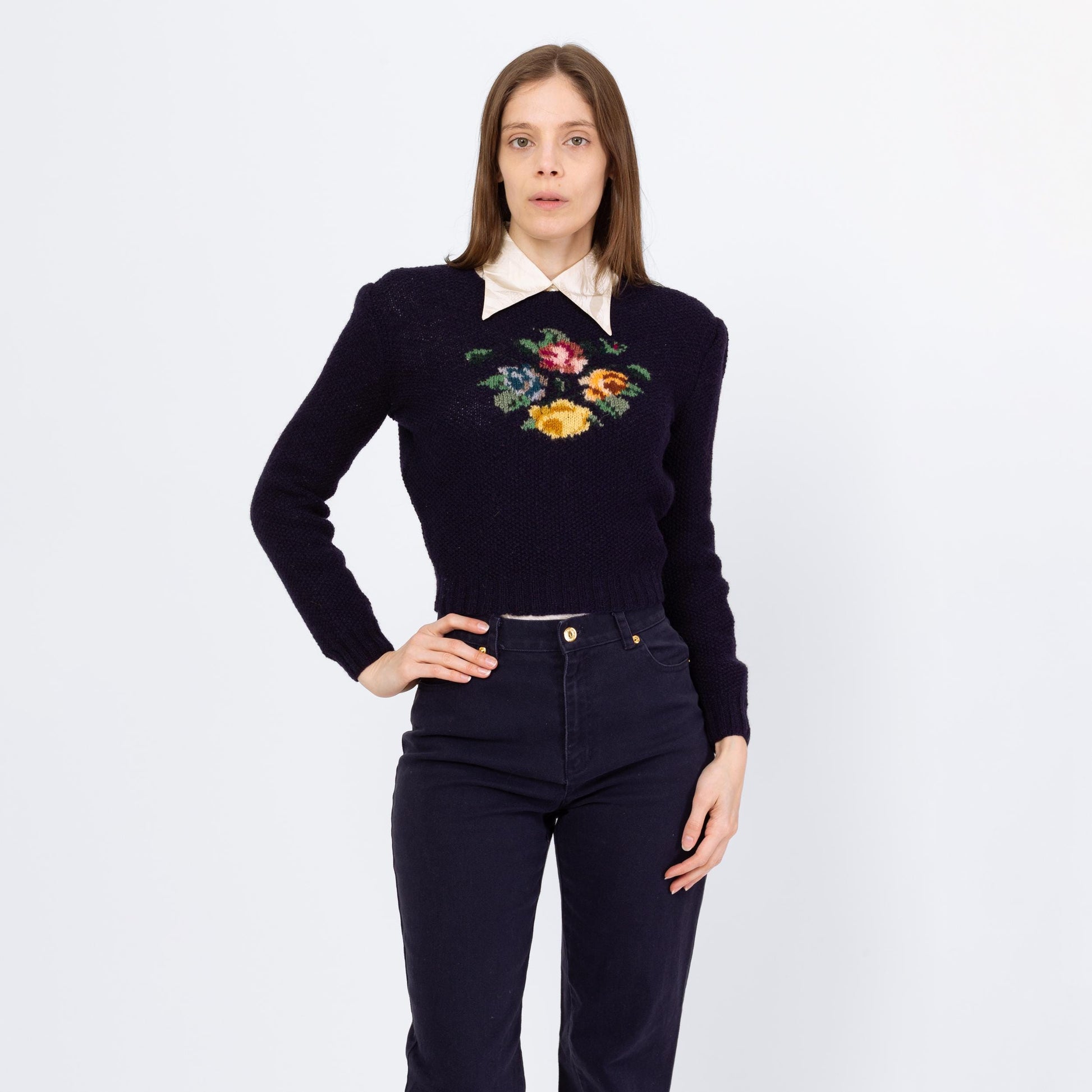 Vintage 80s Ralph Lauren Floral Needlepoint Sampler Cropped Sweater - Small to Medium | Preppy Navy Blue Wool Intarsia Hand-Knit Pullover