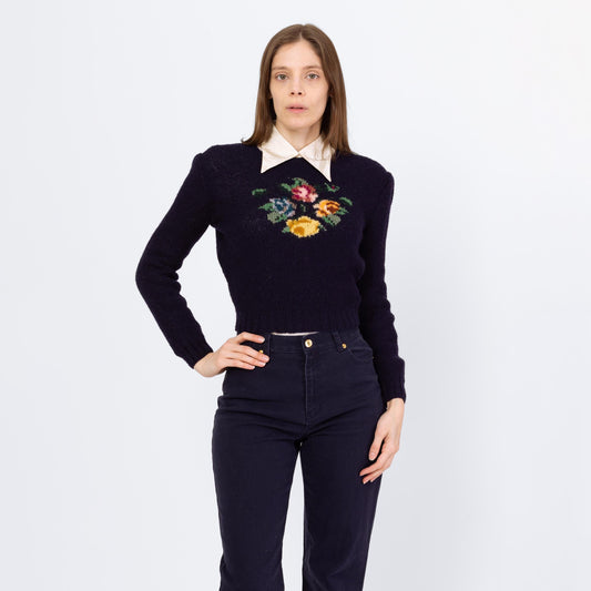 Vintage 80s Ralph Lauren Floral Needlepoint Sampler Cropped Sweater - Small to Medium | Preppy Navy Blue Wool Intarsia Hand-Knit Pullover