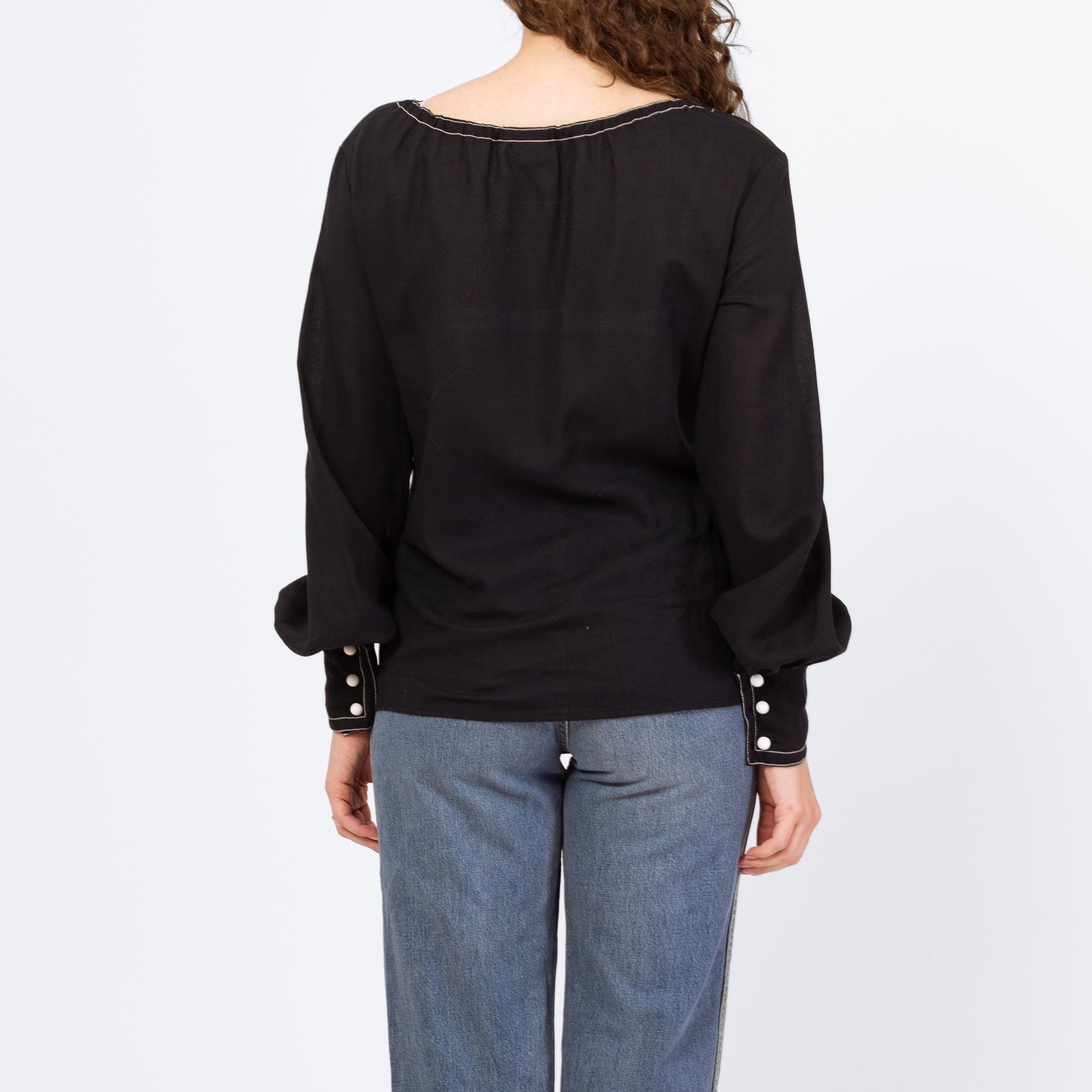Vintage 70s Gothic Folk Peasant Blouse - Medium | Boho Black Cotton Balloon Sleeve Festival Top