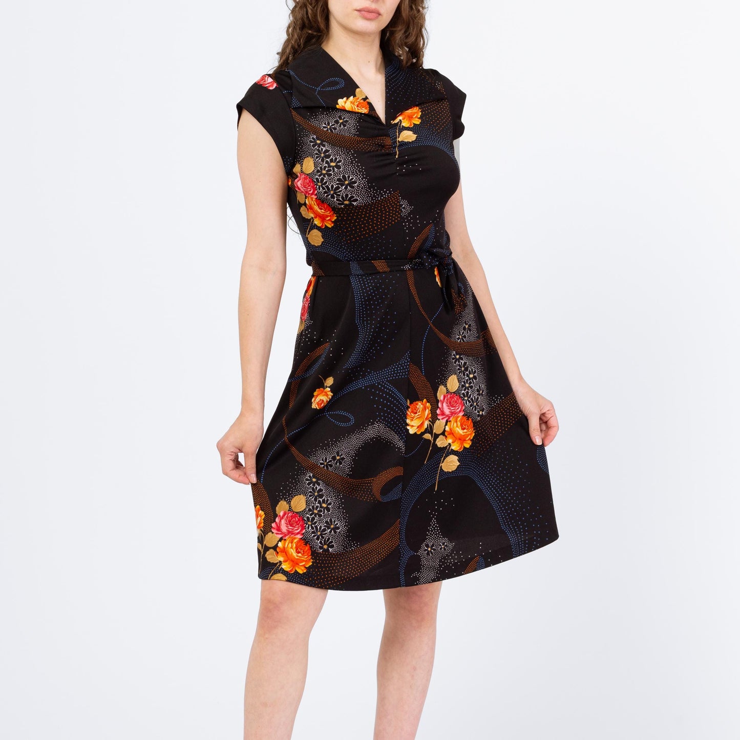 Vintage 70s Black Floral Belted Mini Shirtdress - Medium | Retro Clothing, Cap Sleeve A Line Dress